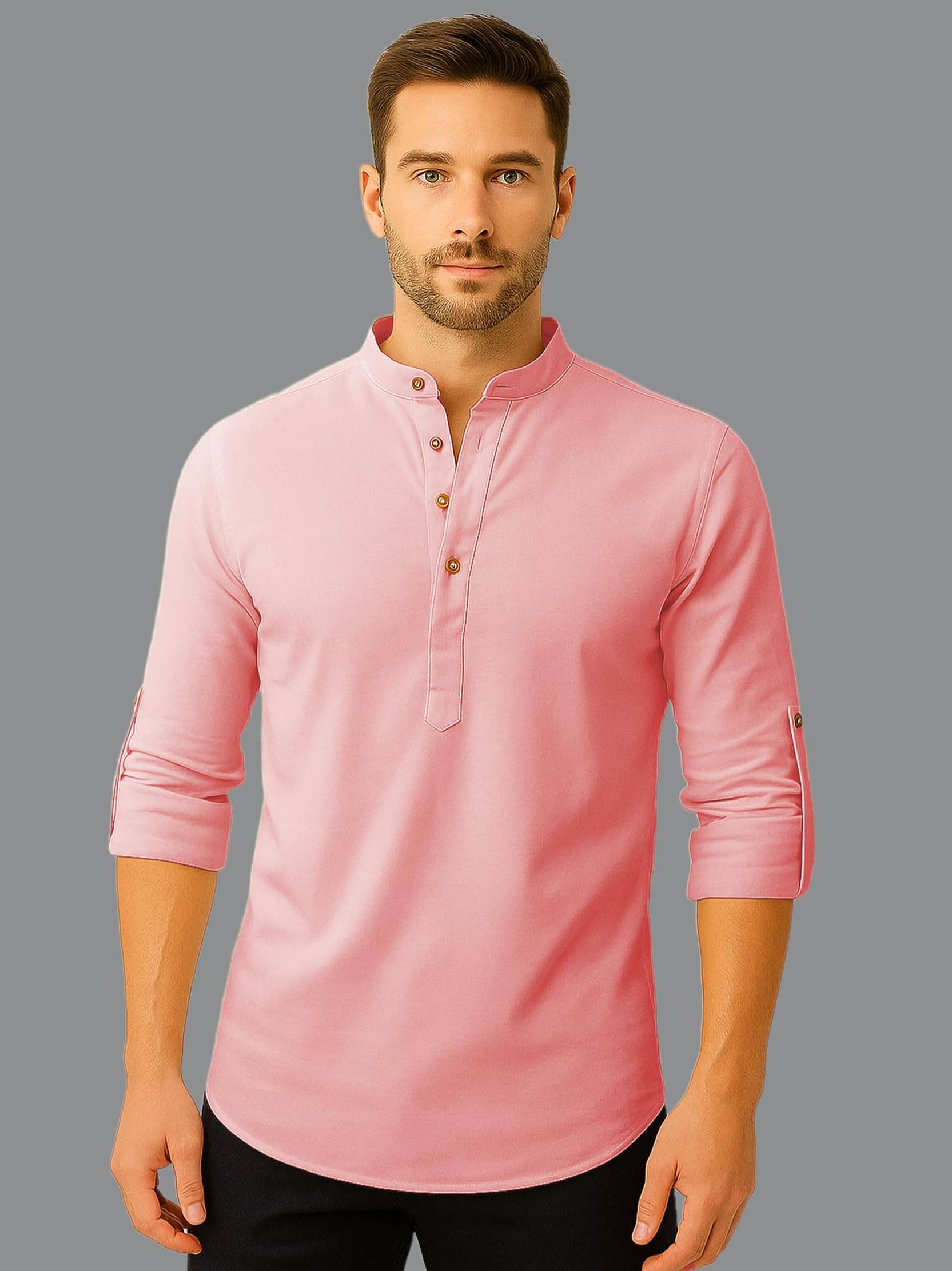 KNOWTED Peach Cotton Blend Men's Shirt Style Kurta ( Pack of 1 )     			KNOWTED Peach Cotton Blend Men's Shirt Style Kurta ( Pack of 1 )