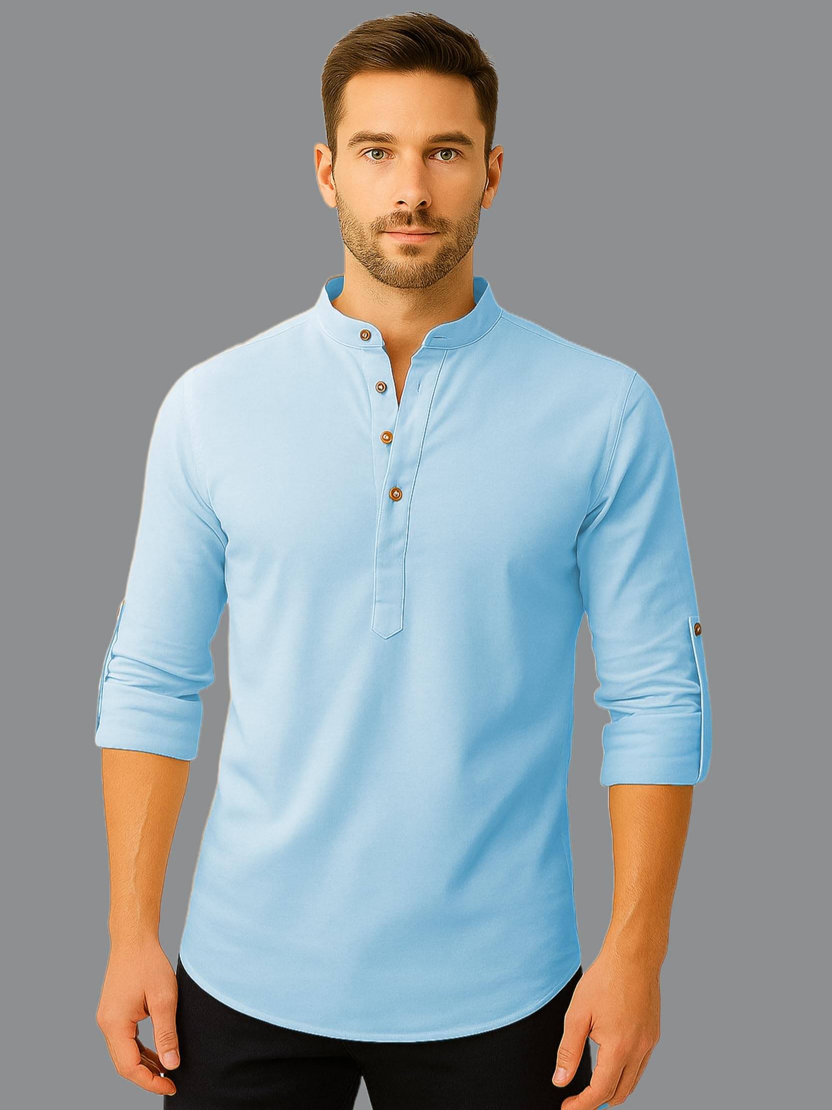 KNOWTED Sky Blue Cotton Blend Men's Shirt Style Kurta ( Pack of 1 )     			KNOWTED Sky Blue Cotton Blend Men's Shirt Style Kurta ( Pack of 1 )