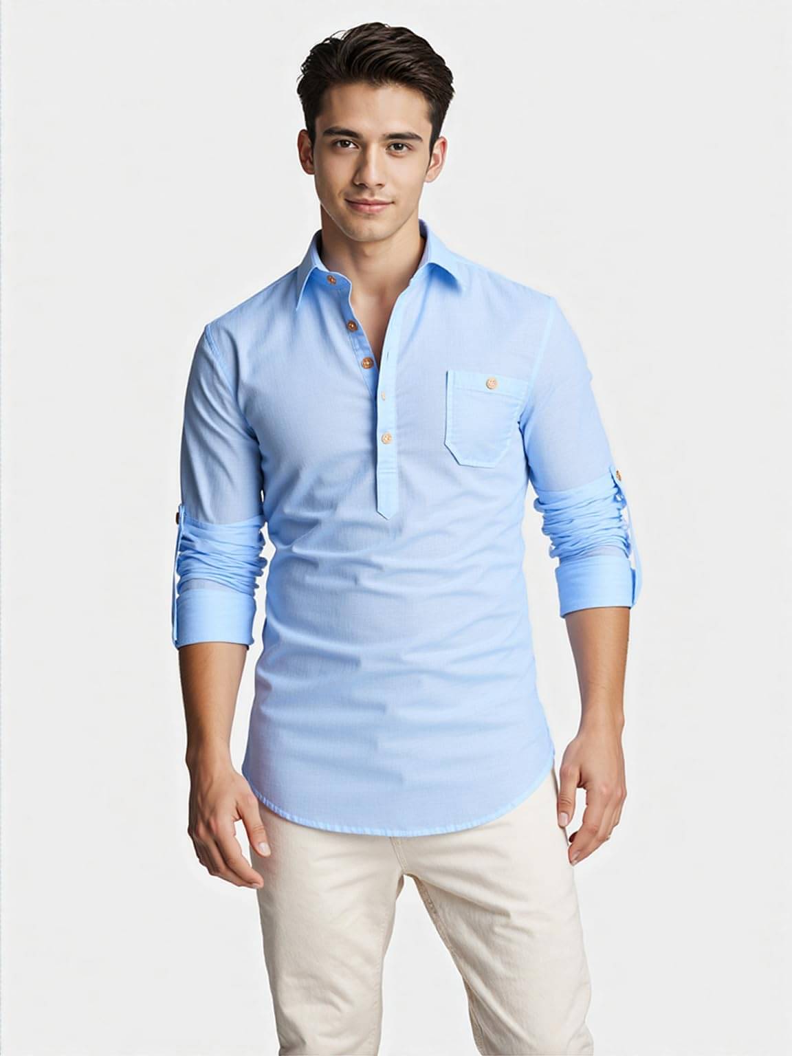     			KNOWTED Sky Blue Cotton Blend Men's Shirt Style Kurta ( Pack of 1 )