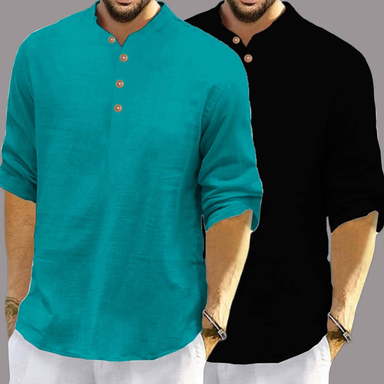     			KNOWTED Turquoise Cotton Blend Men's Shirt Style Kurta ( Pack of 2 )