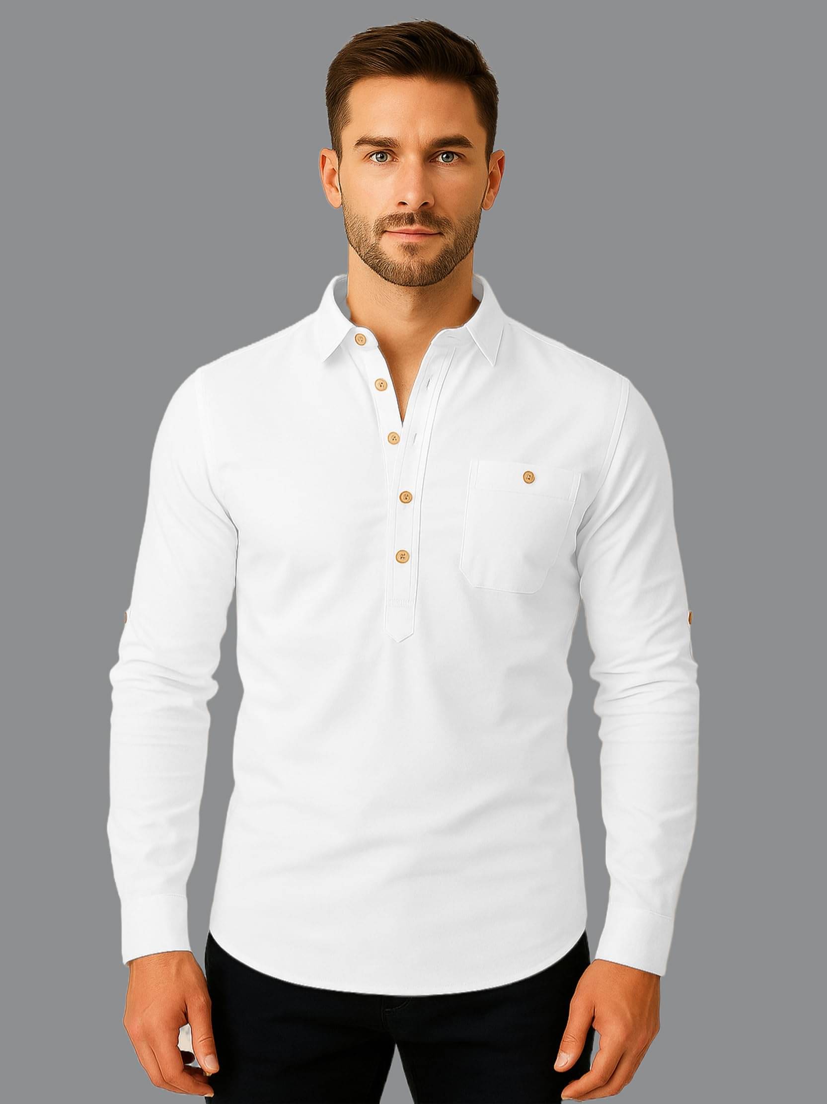     			KNOWTED White Cotton Blend Men's Shirt Style Kurta ( Pack of 1 )