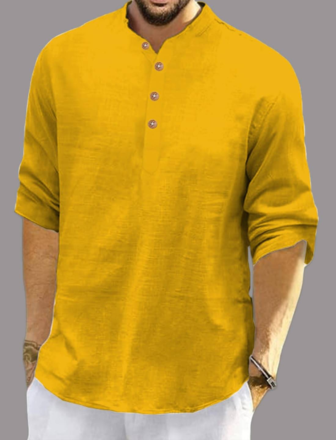 KNOWTED Yellow Cotton Blend Men's Shirt Style Kurta ( Pack of 1 ) KNOWTED Yellow Cotton Blend Men's Shirt Style Kurta ( Pack of 1 )