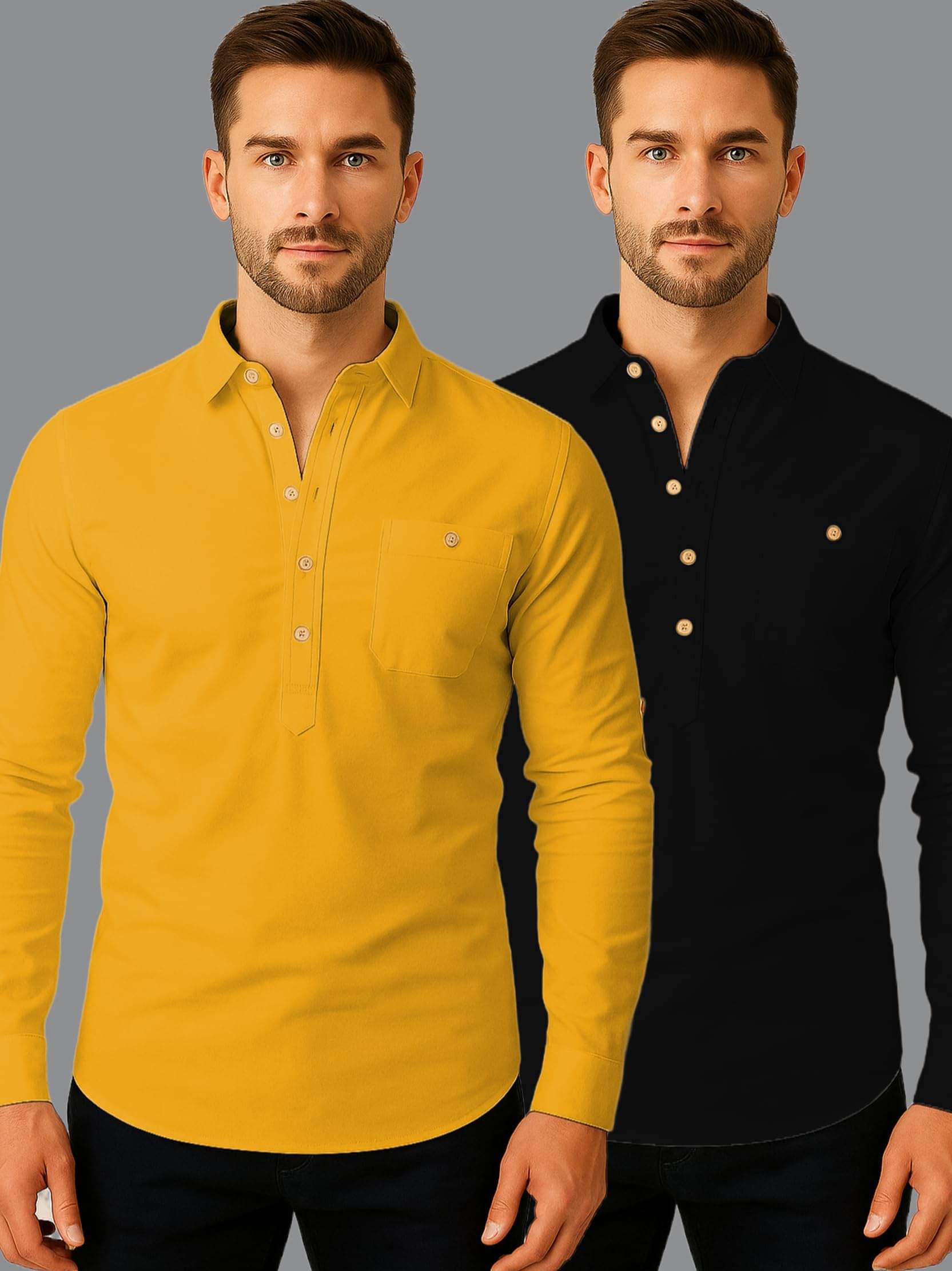 KNOWTED Yellow Cotton Blend Men's Shirt Style Kurta ( Pack of 2 )     			KNOWTED Yellow Cotton Blend Men's Shirt Style Kurta ( Pack of 2 )
