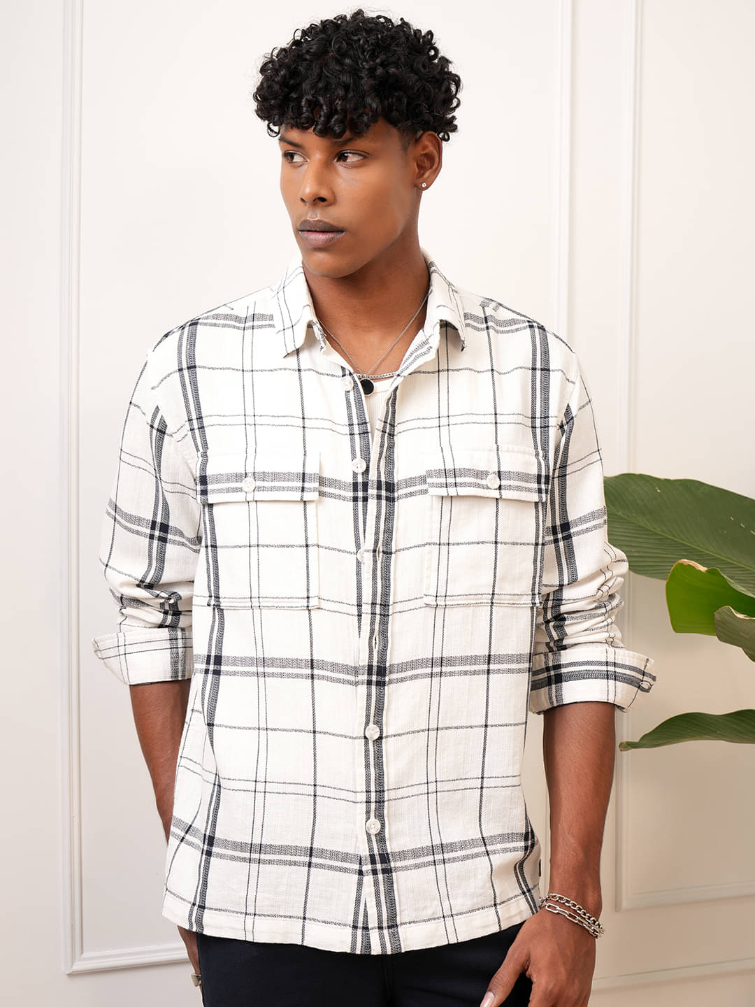     			Locomotive 100% Cotton Oversized Fit Checks Full Sleeves Men's Casual Shirt - Cream ( Pack of 1 )