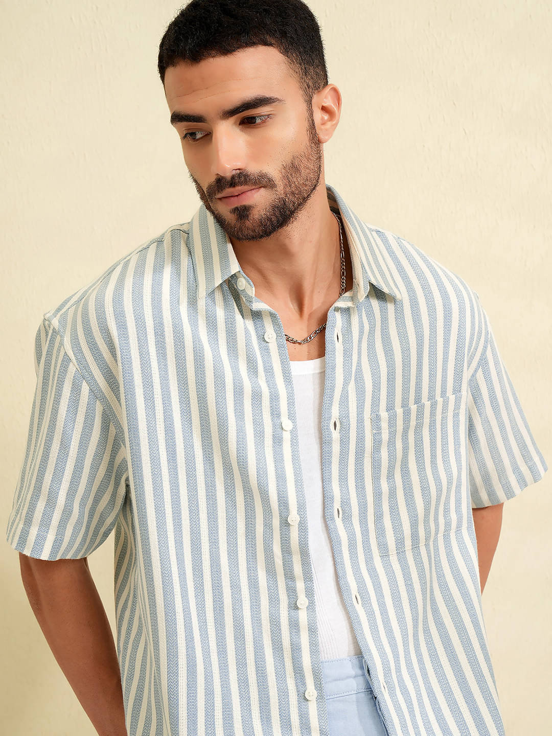 Locomotive Cotton Blend Oversized Fit Striped Half Sleeves Men's Casual Shirt - Blue ( Pack of 1 ) Locomotive Cotton Blend Oversized Fit Striped Half Sleeves Men's Casual Shirt - Blue ( Pack of 1 )