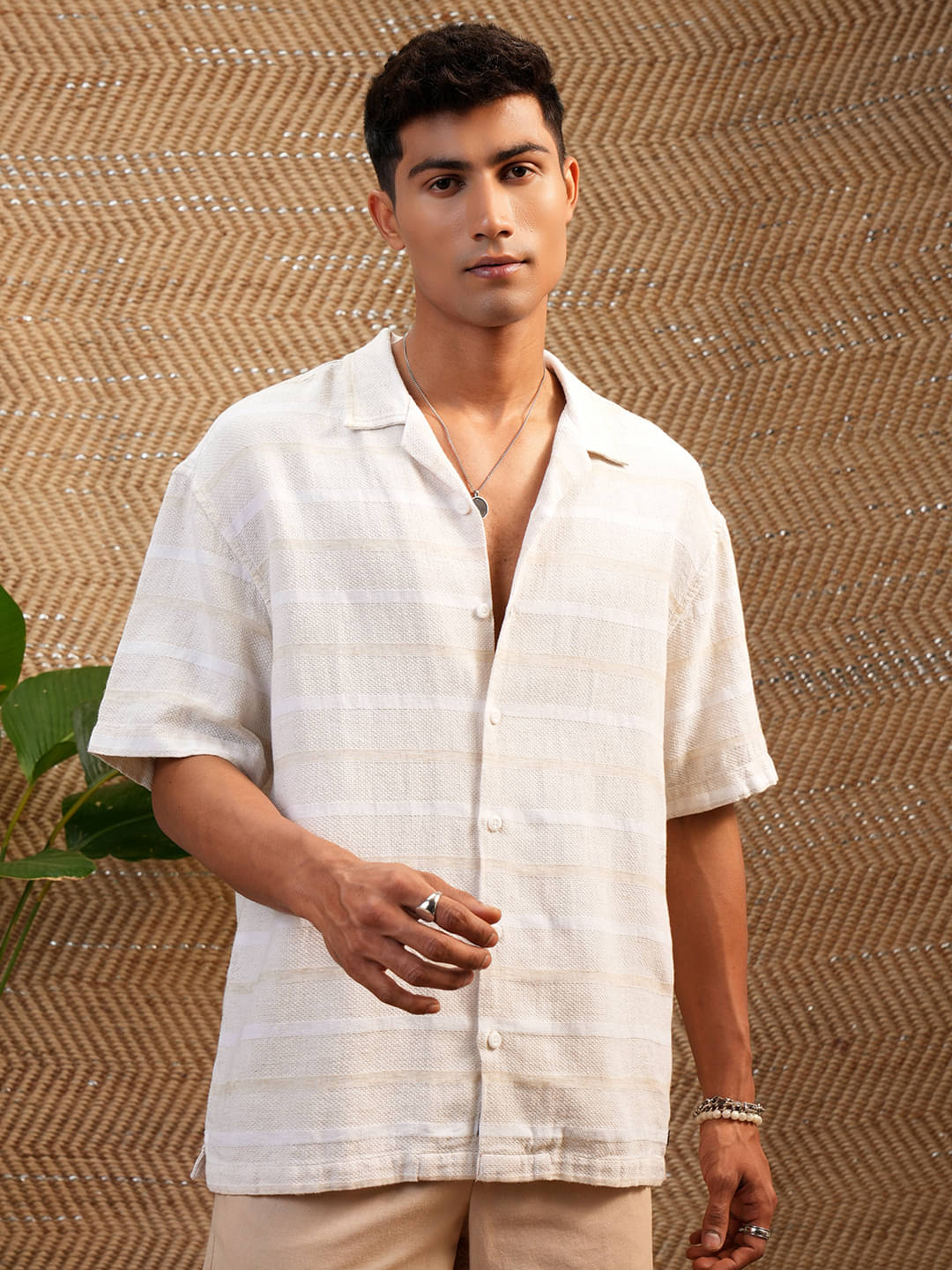     			Locomotive Cotton Blend Oversized Fit Striped Half Sleeves Men's Casual Shirt - Beige ( Pack of 1 )