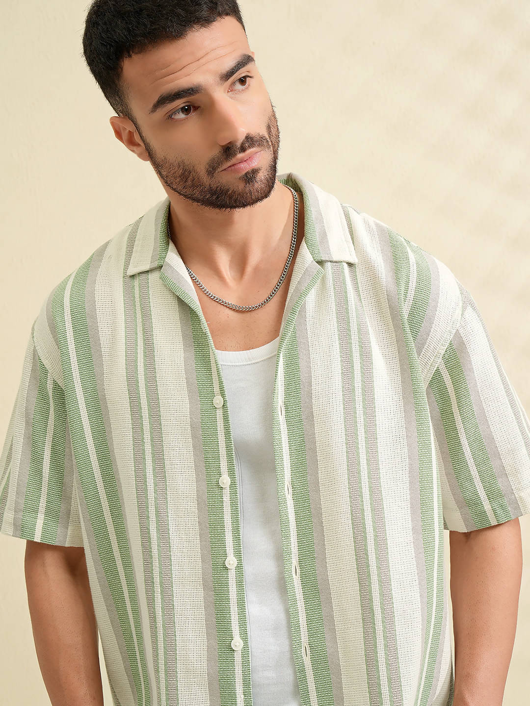     			Locomotive Cotton Blend Oversized Fit Striped Half Sleeves Men's Casual Shirt - Green ( Pack of 1 )