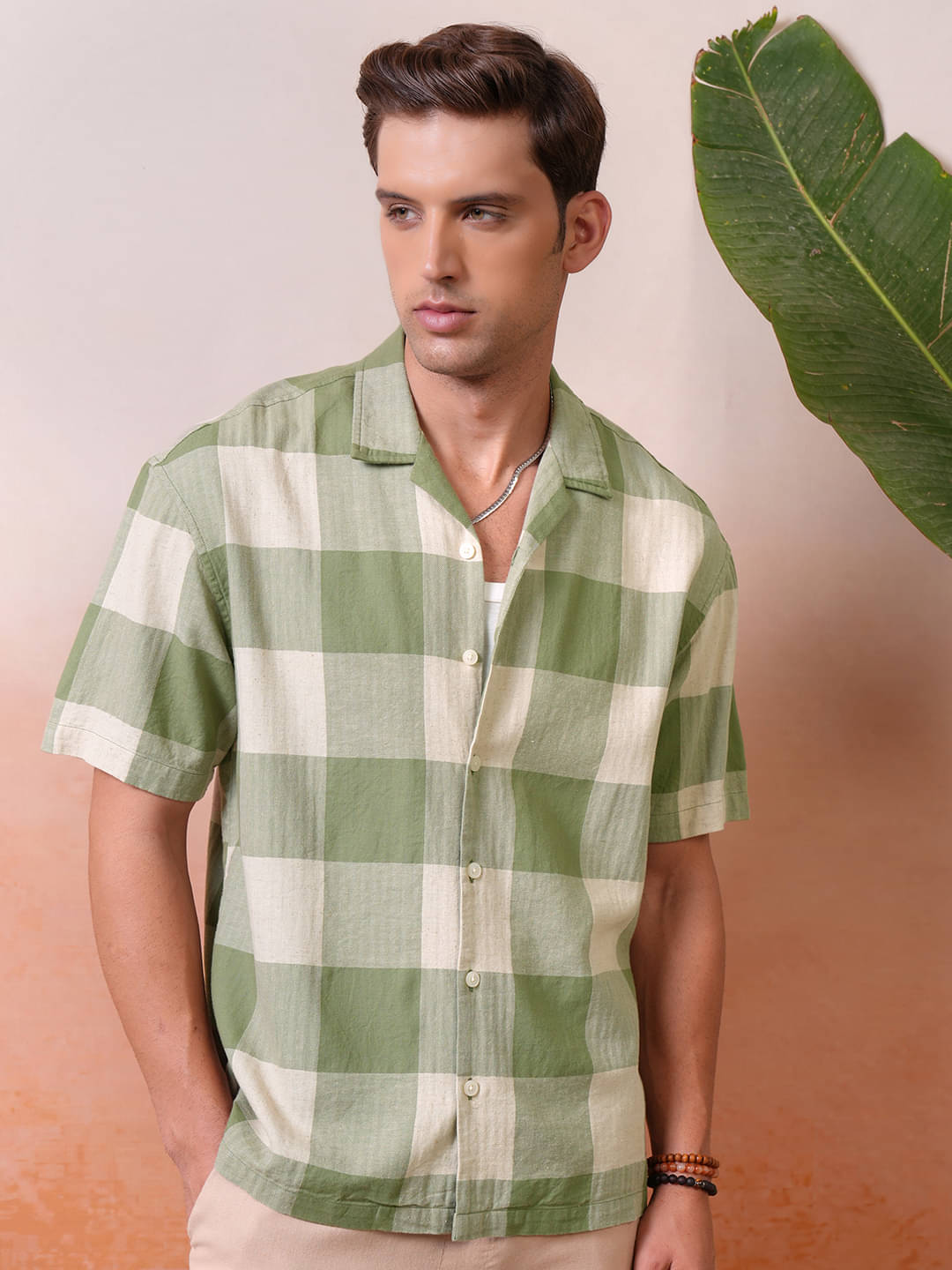     			Locomotive Cotton Blend Oversized Fit Checks Half Sleeves Men's Casual Shirt - Olive ( Pack of 1 )