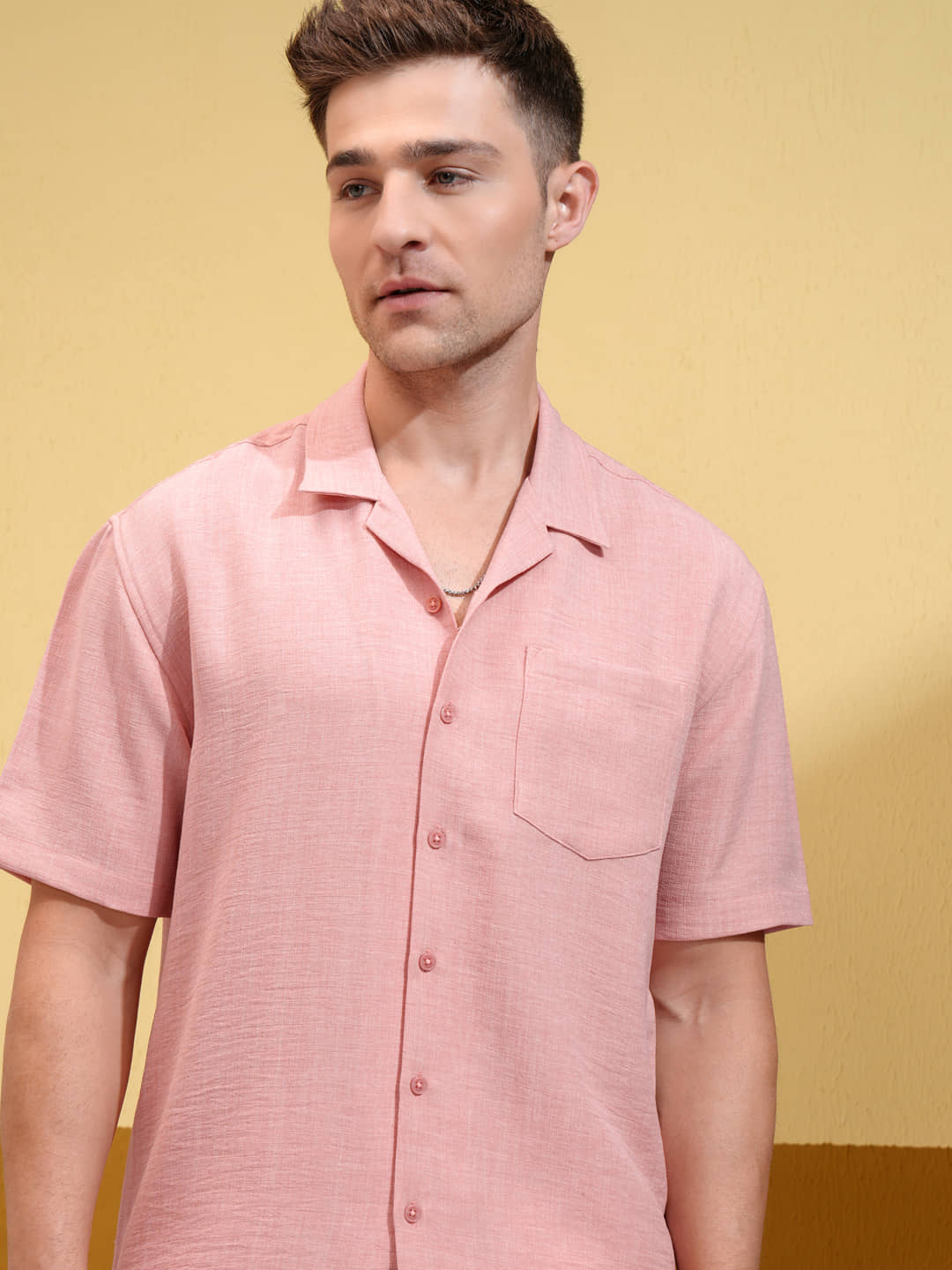 Locomotive Polyester Oversized Fit Self Design Half Sleeves Cuban Collar Men's Casual Shirt - Peach ( Pack of 1 )