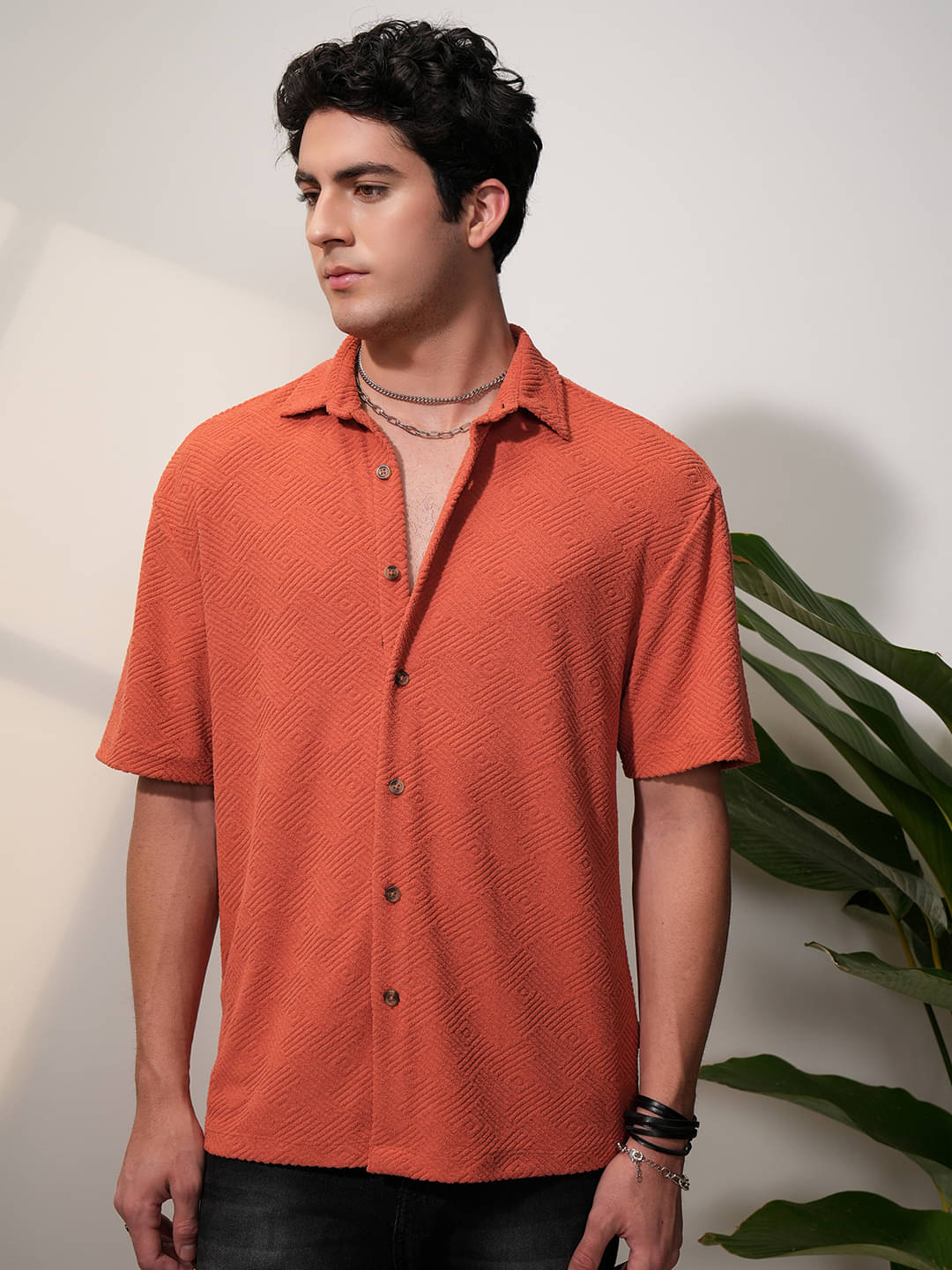     			Locomotive Polyester Oversized Fit Self Design Half Sleeves Men's Casual Shirt - Rust ( Pack of 1 )