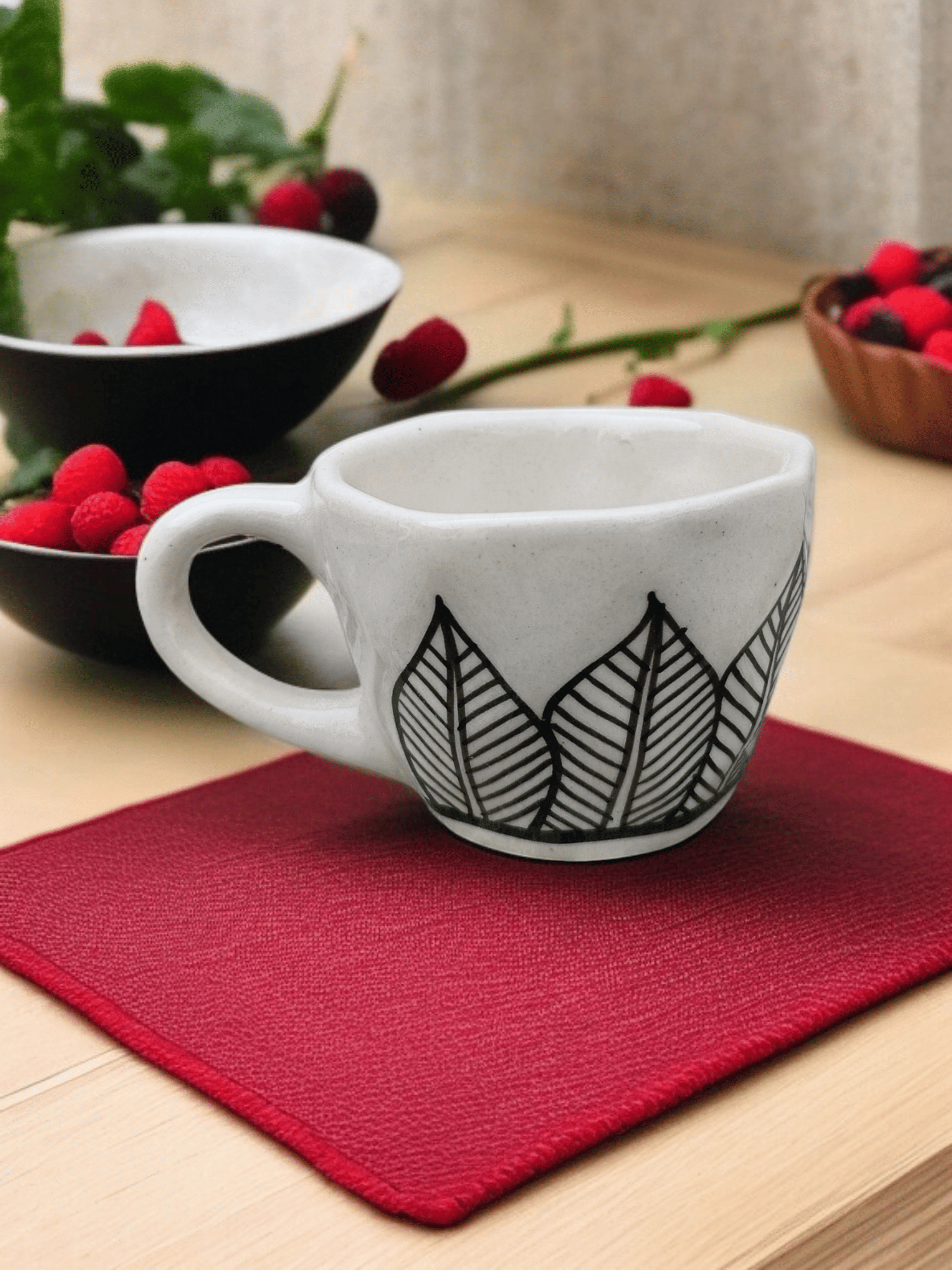     			Malaikah Blk Leaf Cup Pk 1 Abstract Ceramic Coffee Mug 200 mL ( Pack of 1 )