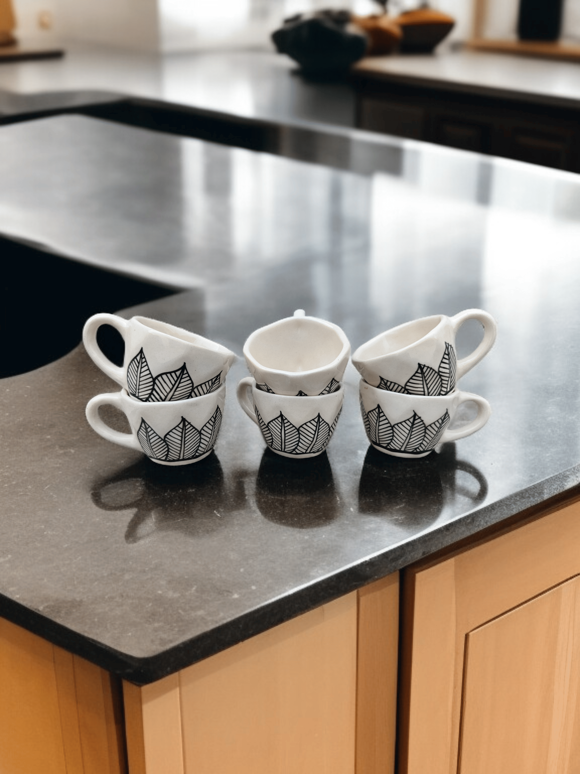 Malaikah Blk Leaf Cup Pk 6 Abstract Ceramic Coffee Mug 200 mL ( Pack of 6 )