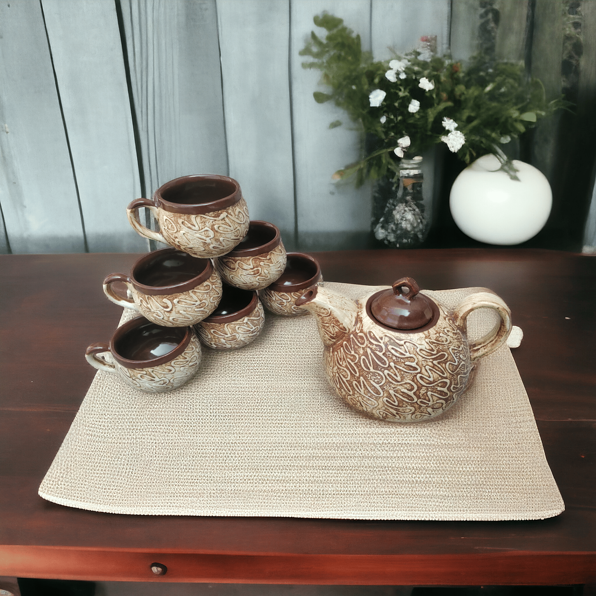     			Malaikah Short-102 Textured Ceramic Tea Set 1000 ml ( Pack of 7 )