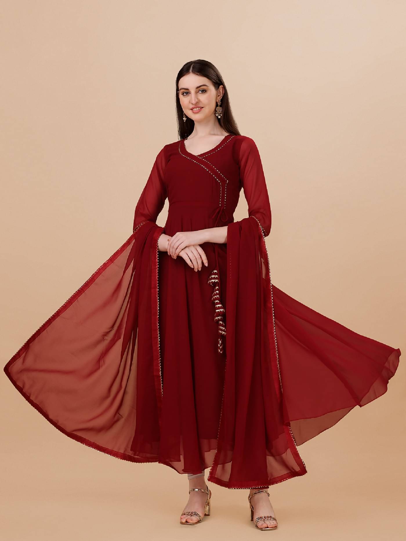     			PMD Fashion Women Georgette Striped Anarkali Kurti with Dupatta ( Maroon )