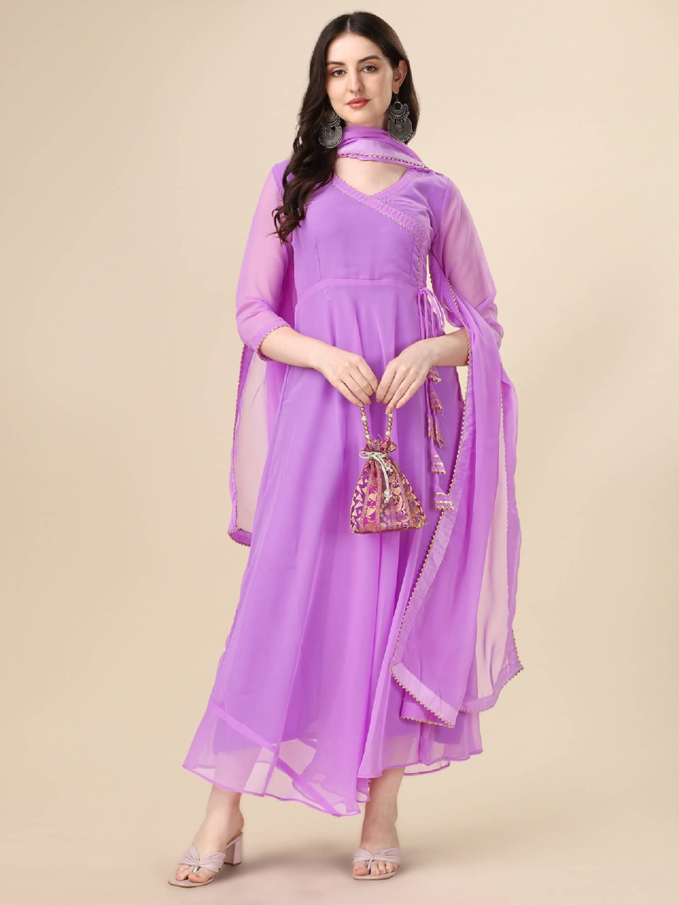     			PMD Fashion Women Georgette Striped Anarkali Kurti with Dupatta ( Lavender )