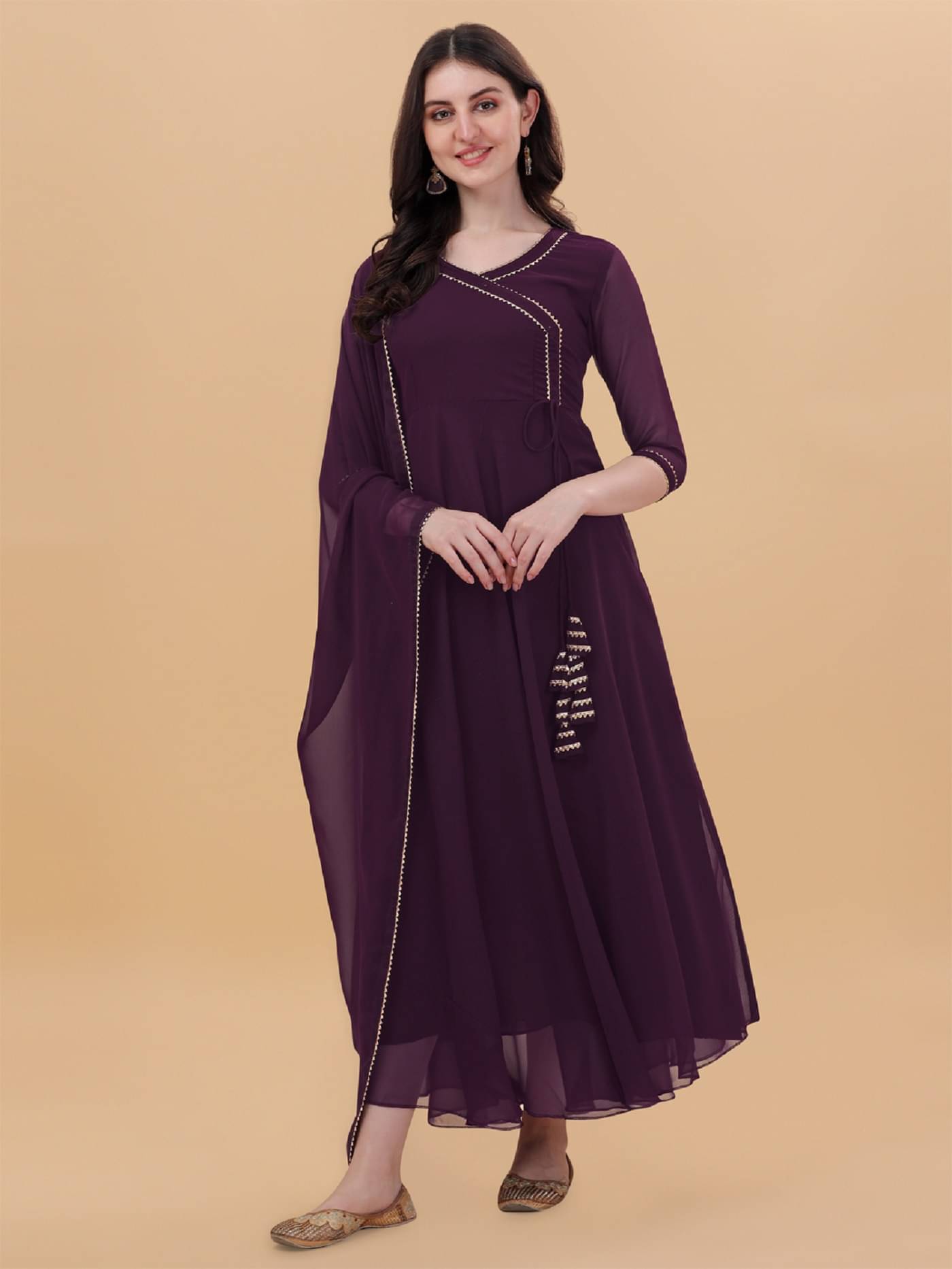 PMD Fashion Women Georgette Striped Anarkali Kurti with Dupatta ( Wine ) PMD Fashion Women Georgette Striped Anarkali Kurti with Dupatta ( Wine )