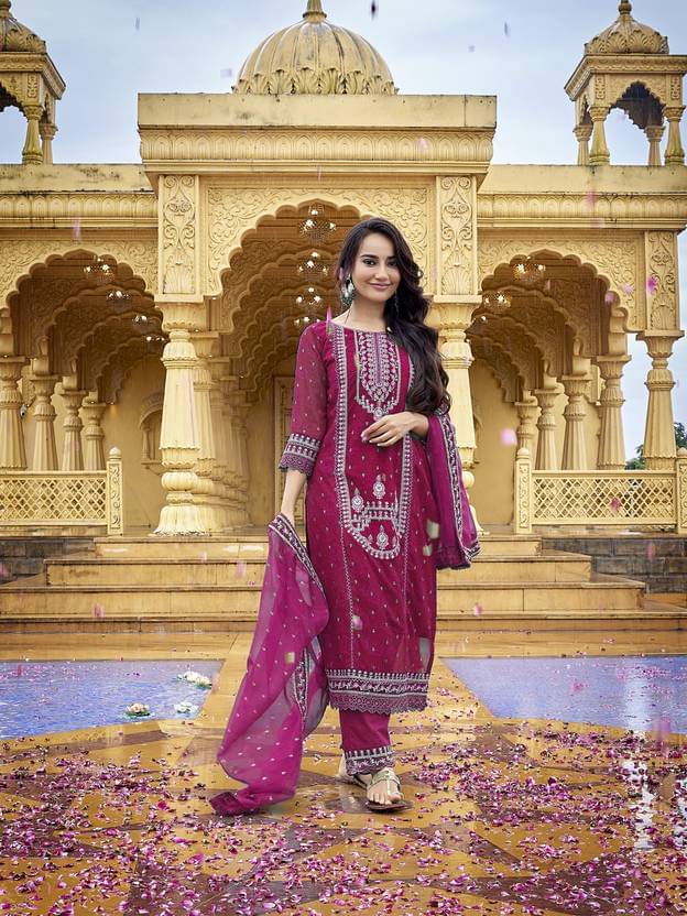     			Royal Export Women Georgette Embroidered Straight Kurti with Dupatta ( Maroon )