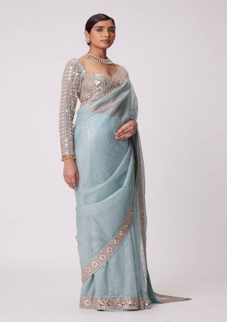     			SEABIRD EXIM Georgette Embellished Saree With Unstitched Blouse Piece ( Sky Blue )