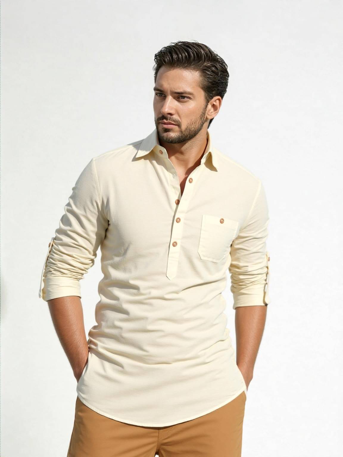     			UNI VIBE Beige Cotton Blend Men's Shirt Style Kurta ( Pack of 1 )