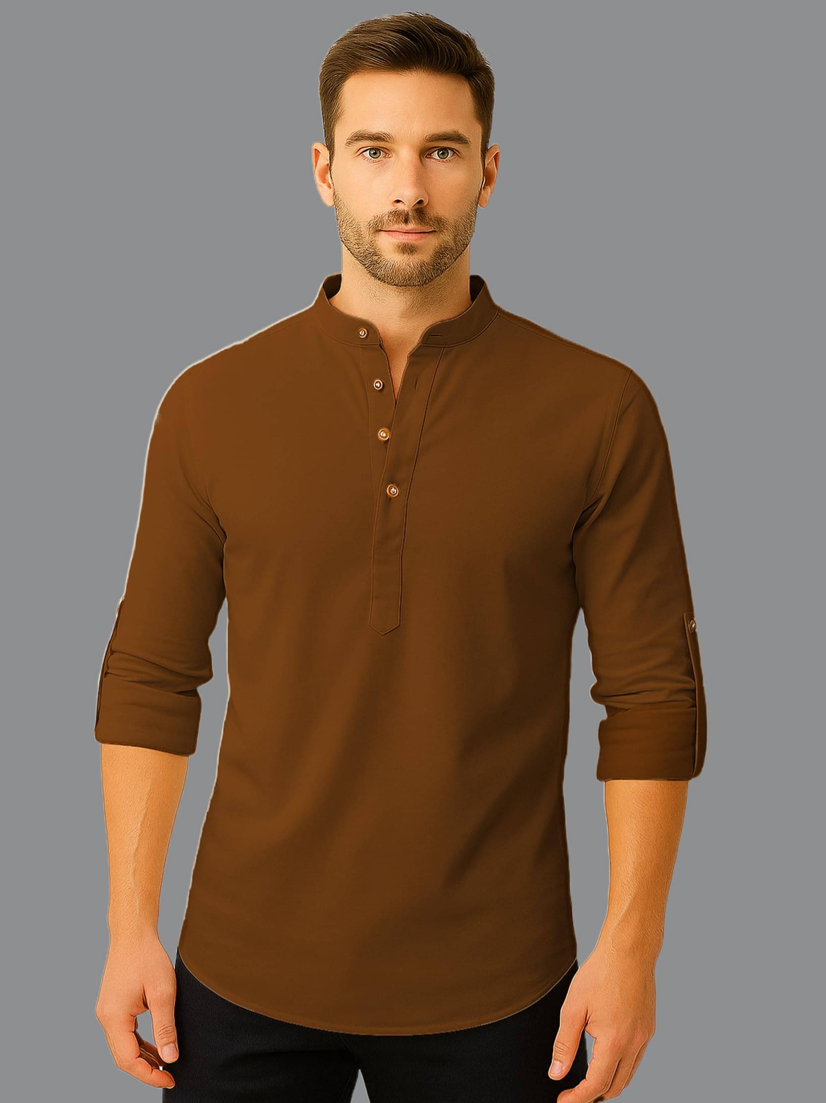     			UNI VIBE Brown Cotton Blend Men's Shirt Style Kurta ( Pack of 1 )