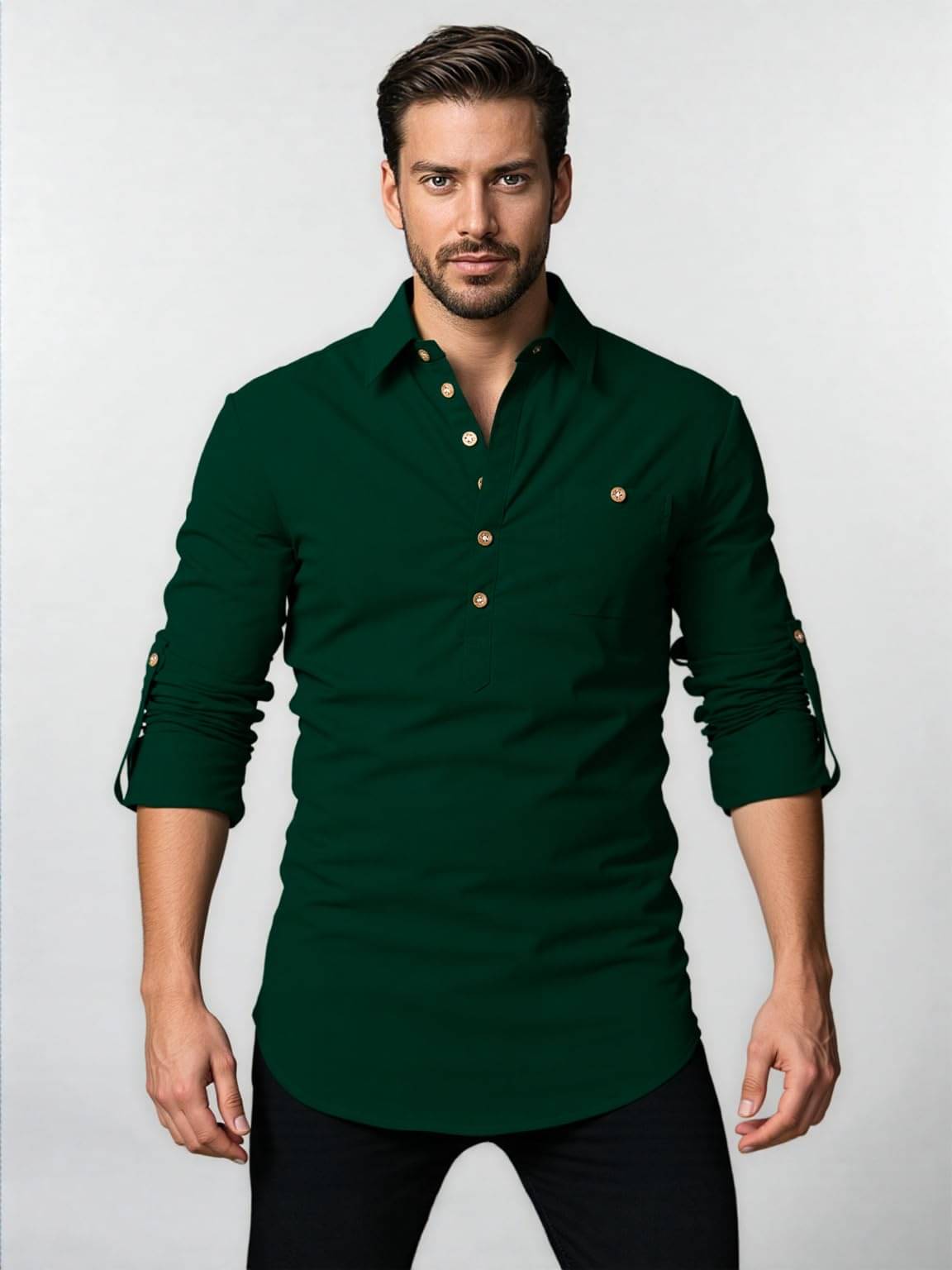     			UNI VIBE Green Cotton Blend Men's Shirt Style Kurta ( Pack of 1 )