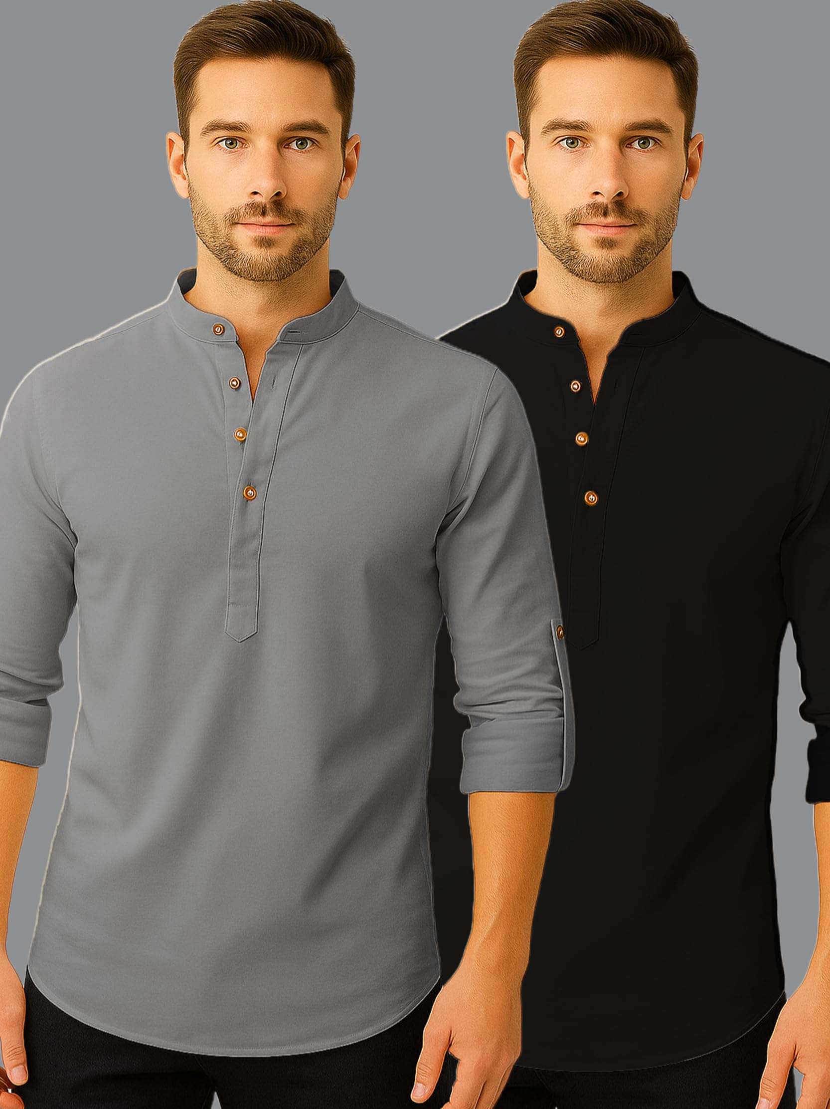 UNI VIBE Grey Cotton Blend Men's Shirt Style Kurta ( Pack of 2 ) UNI VIBE Grey Cotton Blend Men's Shirt Style Kurta ( Pack of 2 )