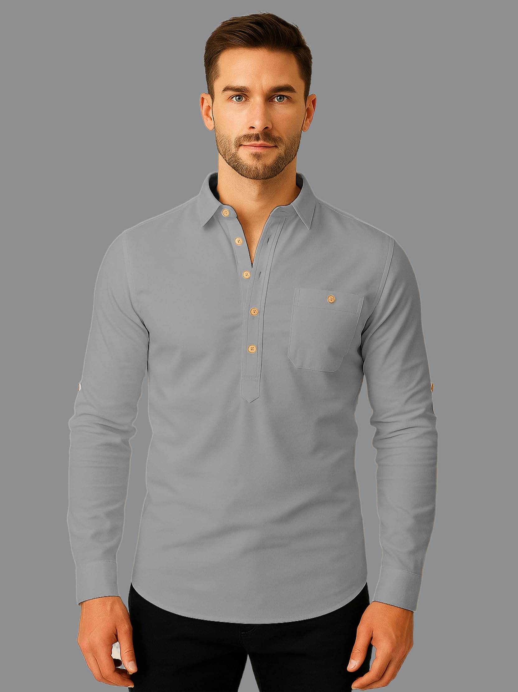 UNI VIBE Grey Cotton Blend Men's Shirt Style Kurta ( Pack of 1 ) UNI VIBE Grey Cotton Blend Men's Shirt Style Kurta ( Pack of 1 )