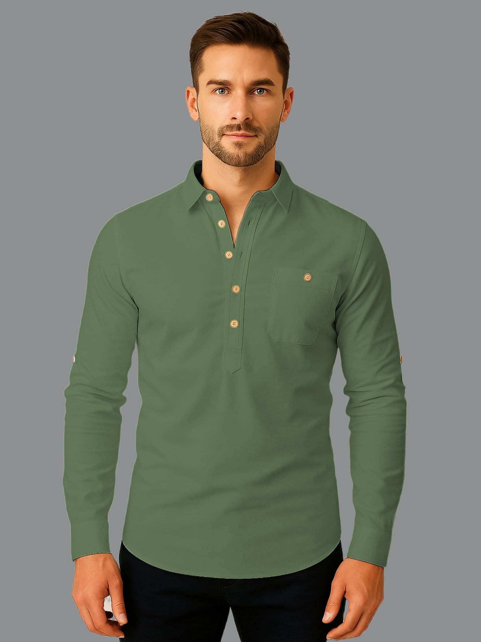 UNI VIBE Light Green Cotton Blend Men's Shirt Style Kurta ( Pack of 1 ) UNI VIBE Light Green Cotton Blend Men's Shirt Style Kurta ( Pack of 1 )