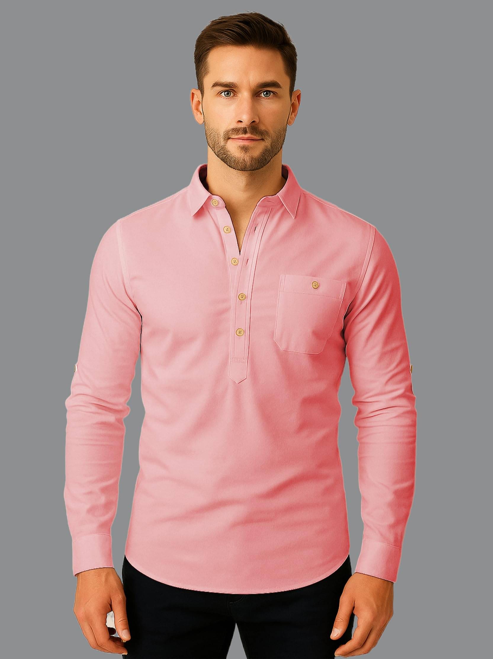     			UNI VIBE Peach Cotton Blend Men's Shirt Style Kurta ( Pack of 1 )