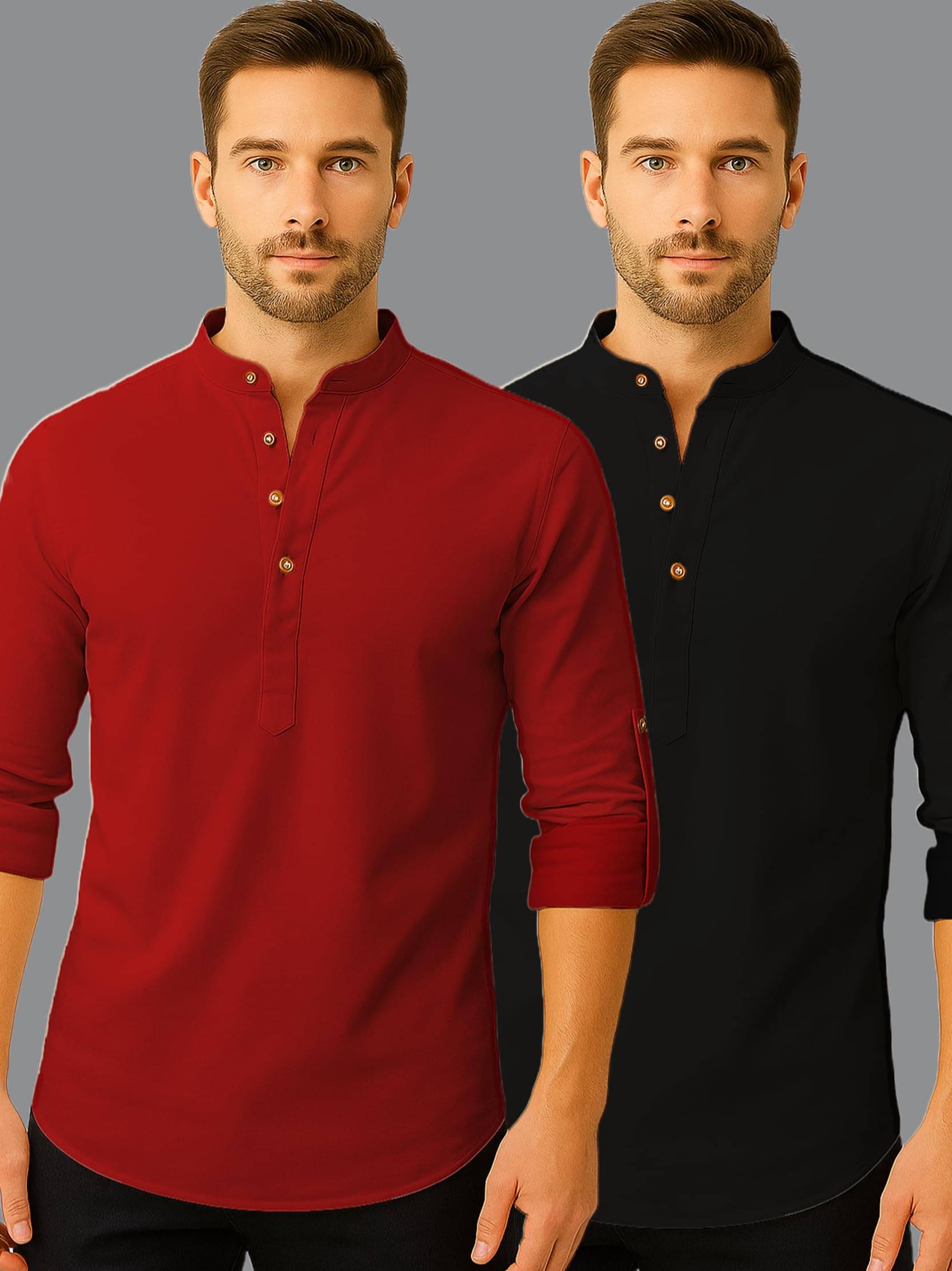     			UNI VIBE Red Cotton Blend Men's Shirt Style Kurta ( Pack of 2 )