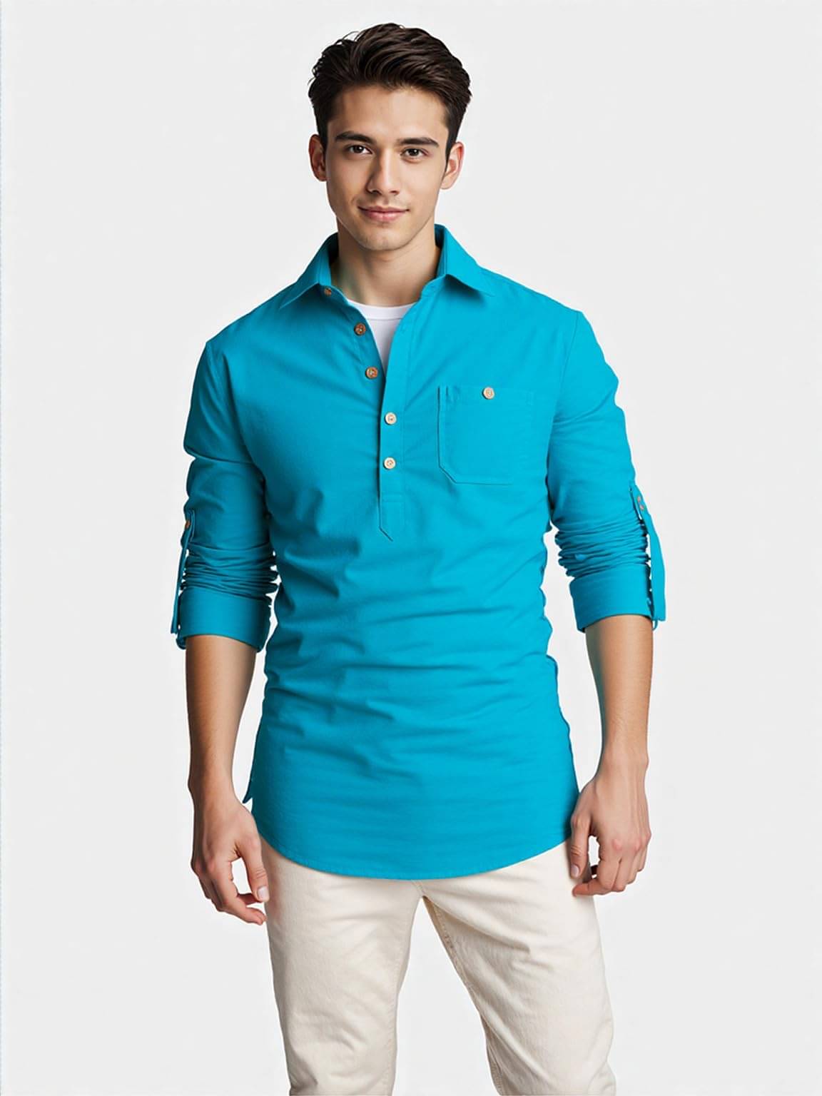     			UNI VIBE Turquoise Cotton Blend Men's Shirt Style Kurta ( Pack of 1 )