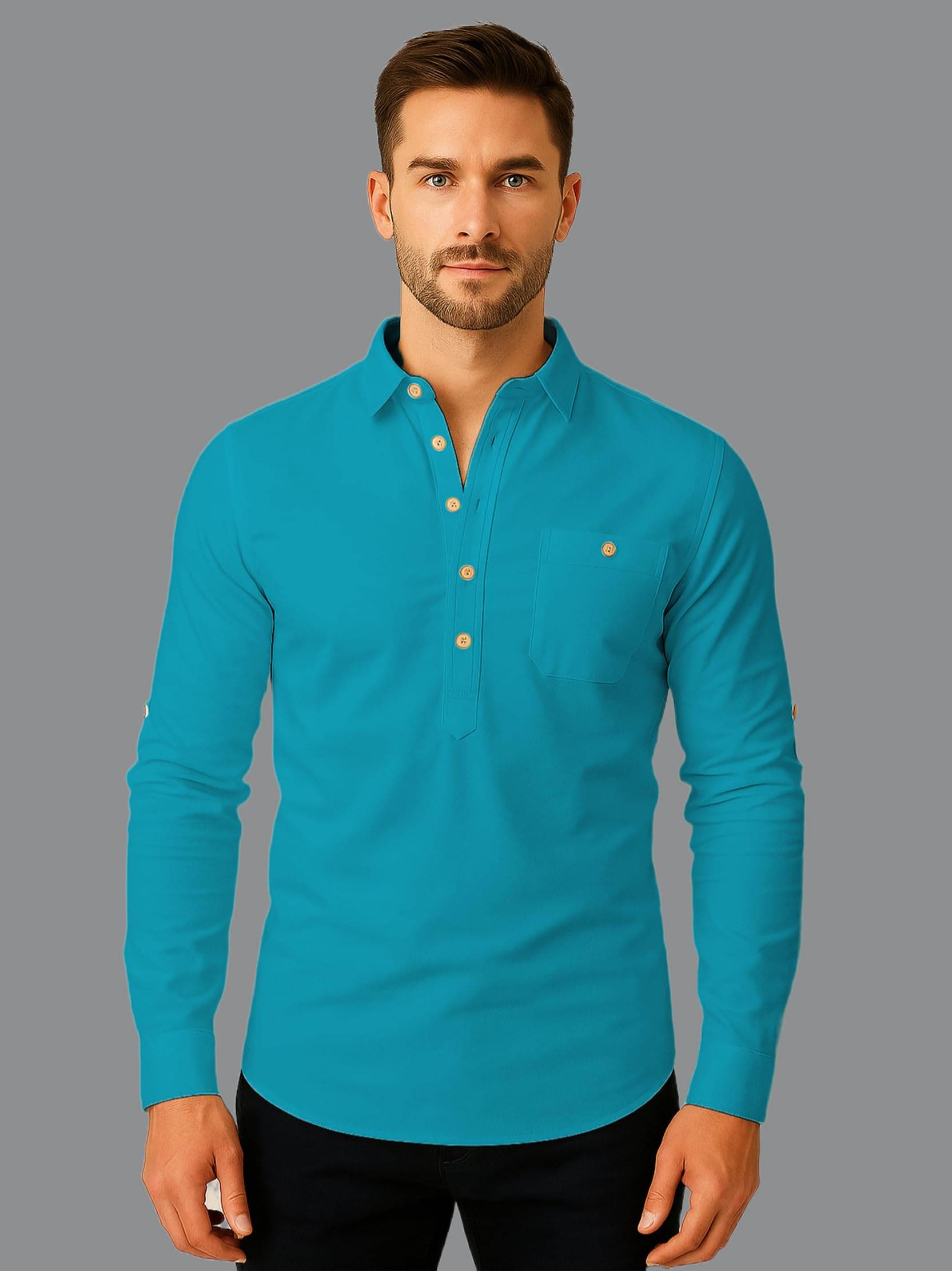 UNI VIBE Turquoise Cotton Blend Men's Shirt Style Kurta ( Pack of 1 ) UNI VIBE Turquoise Cotton Blend Men's Shirt Style Kurta ( Pack of 1 )