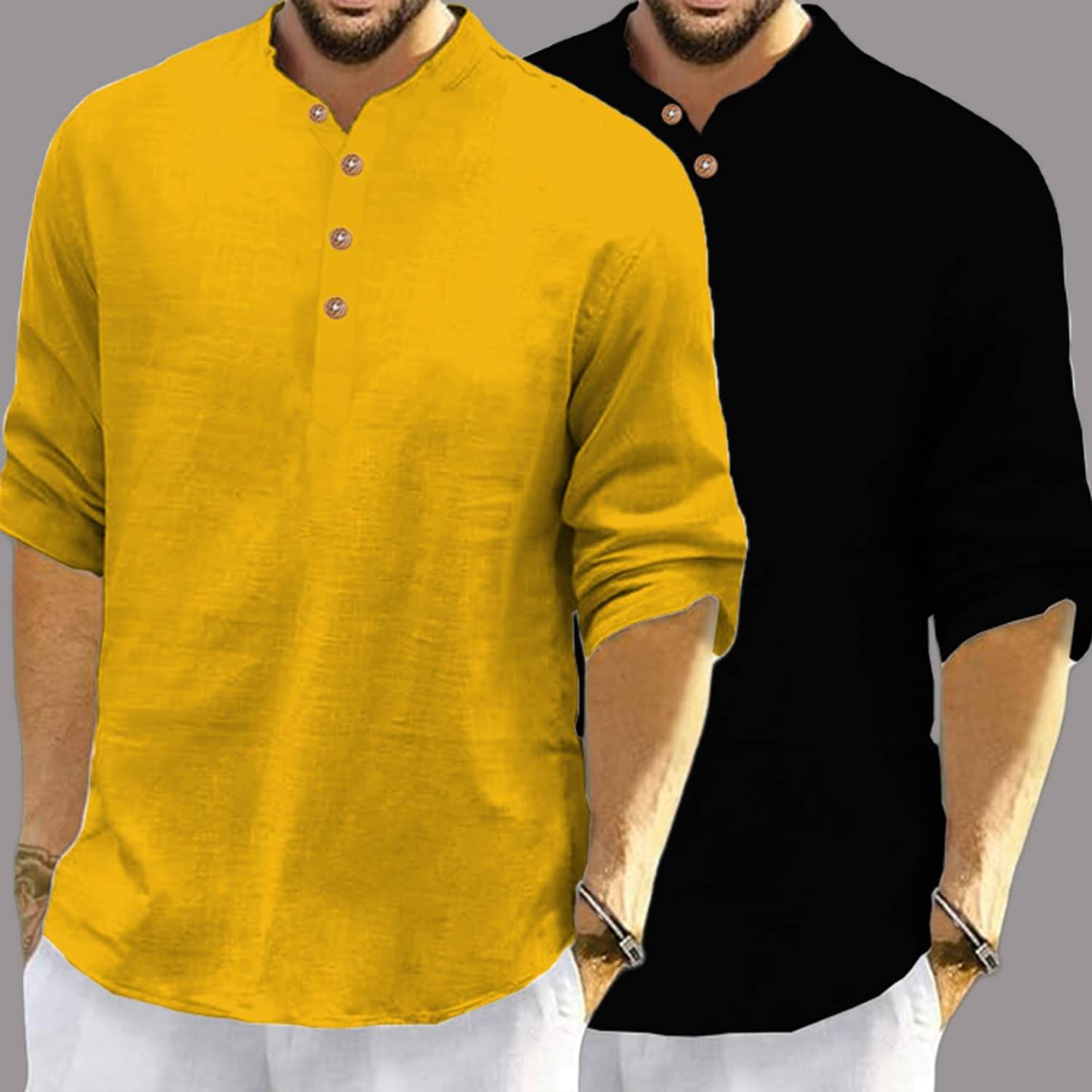     			UNI VIBE Yellow Cotton Blend Men's Shirt Style Kurta ( Pack of 2 )