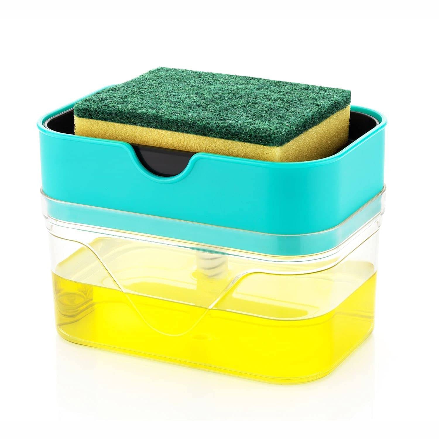    			2 in 1 Soap Dispenser for Bathroom Accessories Dishwasher Liquid Holder Liquid Dispenser Pump 400 ML with Sponge Holder Kitchen Sink Accessories Items (Multi-Color)