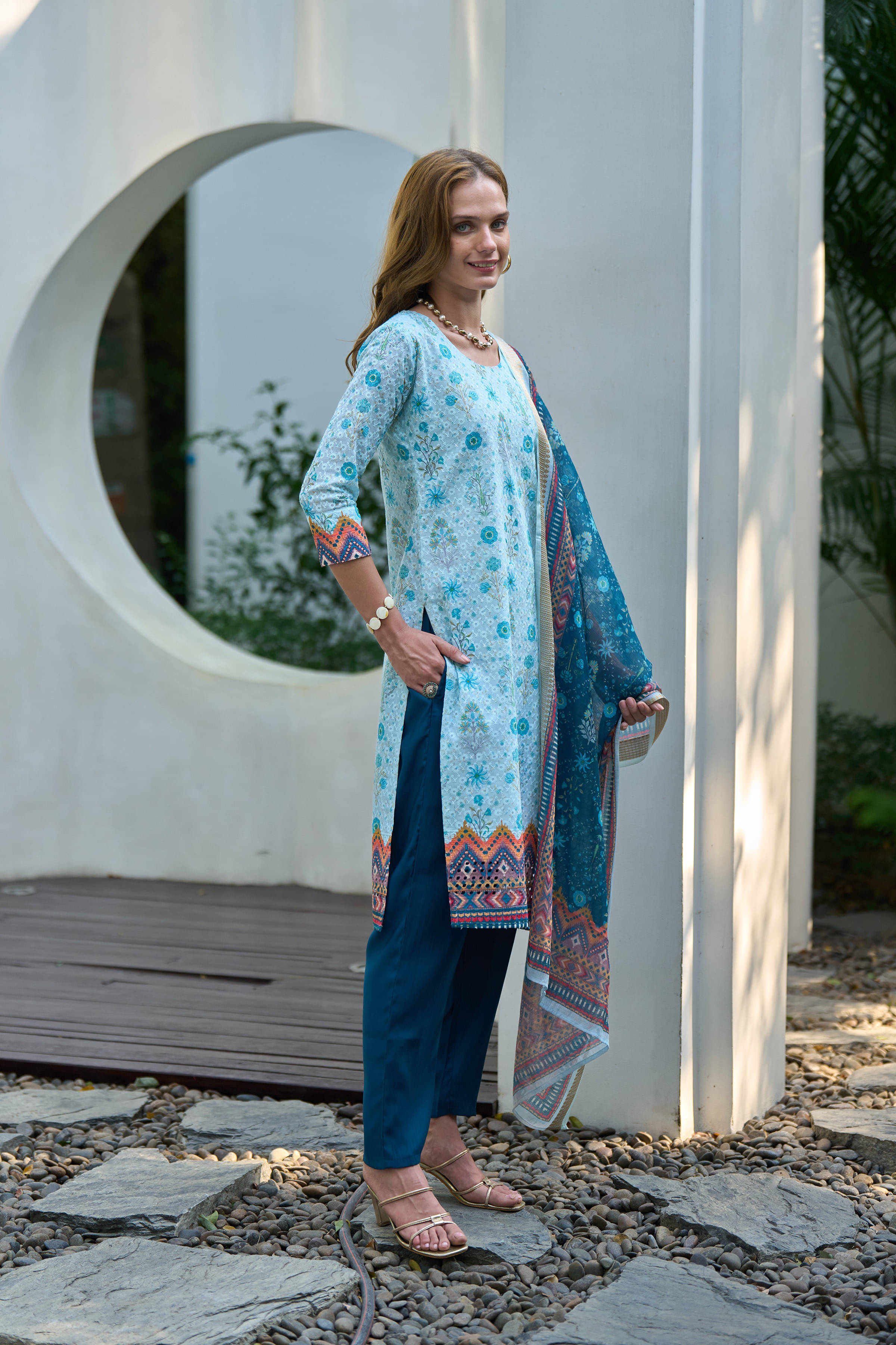 CYNOR Women Cotton Embroidered Straight Kurti with Dupatta ( Blue ) CYNOR Women Cotton Embroidered Straight Kurti with Dupatta ( Blue )