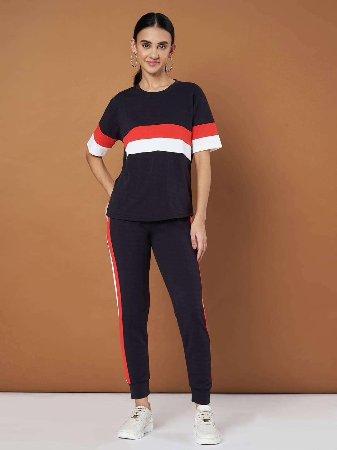     			DTR FASHION Black Cotton Blend Striped Tracksuit - Pack of 1