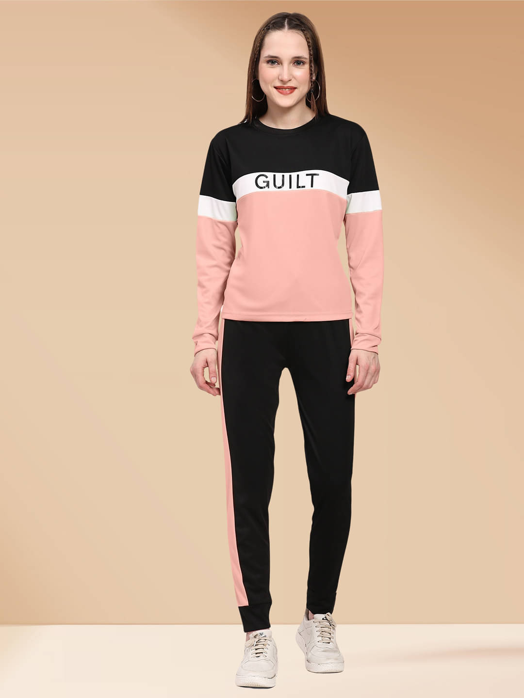     			DTR FASHION Peach Cotton Blend Striped Tracksuit - Pack of 1