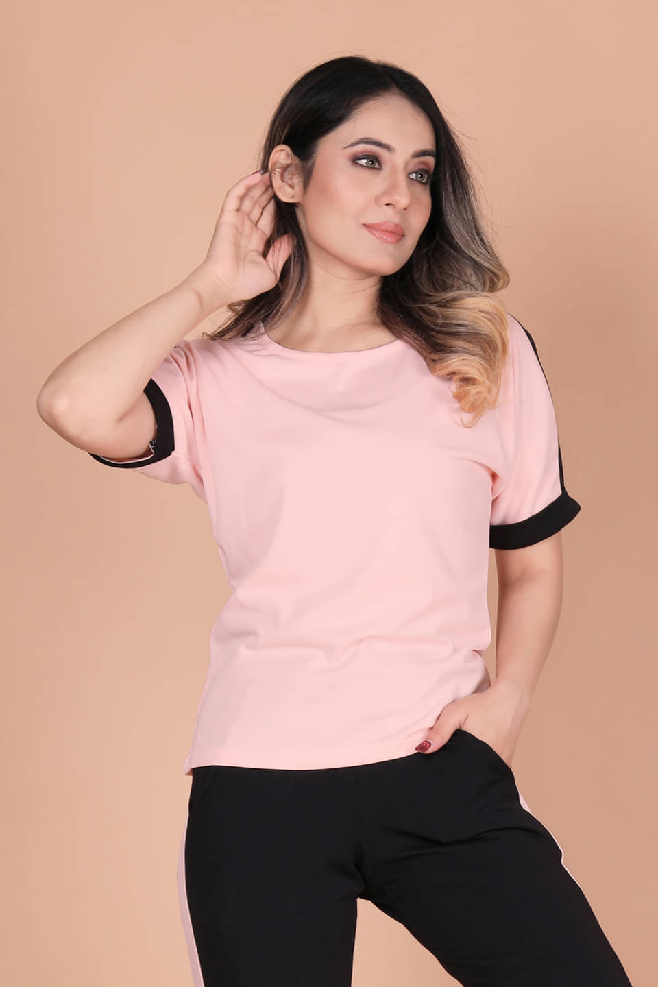     			DTR FASHION Peach Cotton Blend Striped Tracksuit - Pack of 1