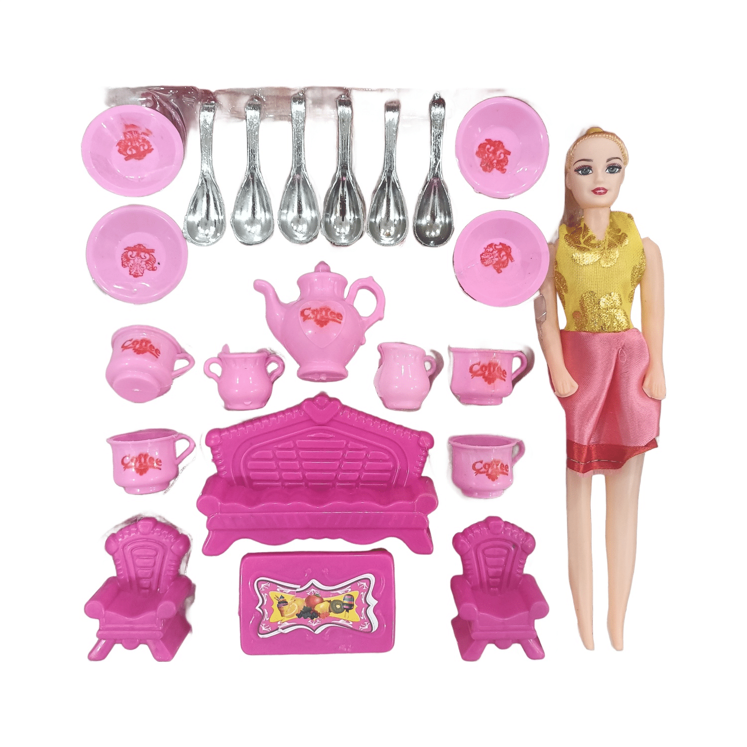     			Doll with Miniature Tea Set and Furniture Playset | Kitchen Set With Doll For Kids