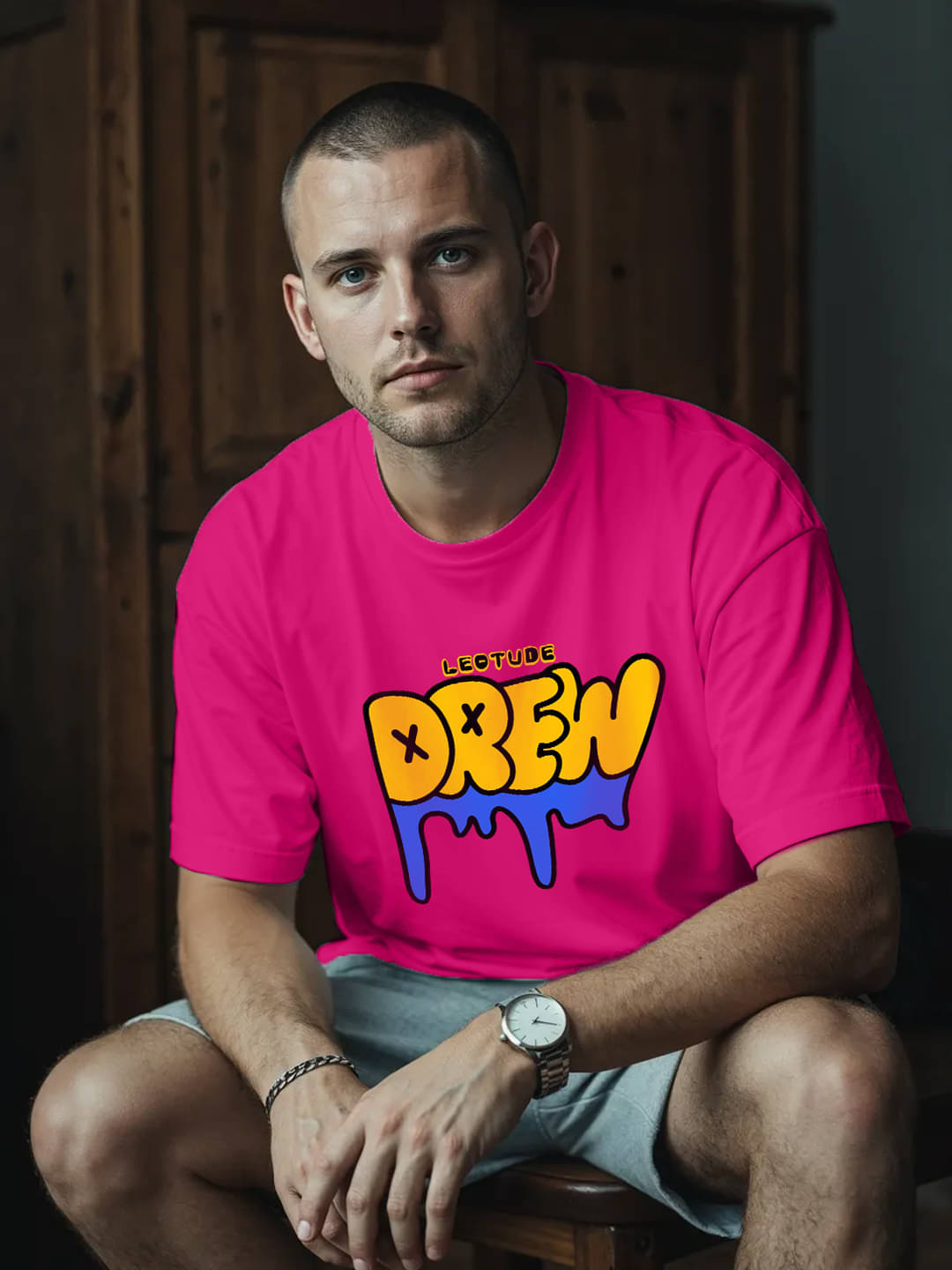     			Leotude Men Cotton Blend Oversized Fit Printed T-Shirt ( Pink )