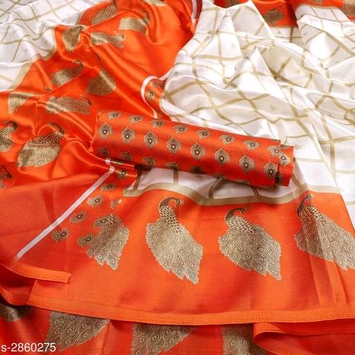Maayro Silk Blend Printed Mysore Silk Sarees With Unstitched Blouse Piece ( Orange ) Maayro Silk Blend Printed Mysore Silk Sarees With Unstitched Blouse Piece ( Orange )