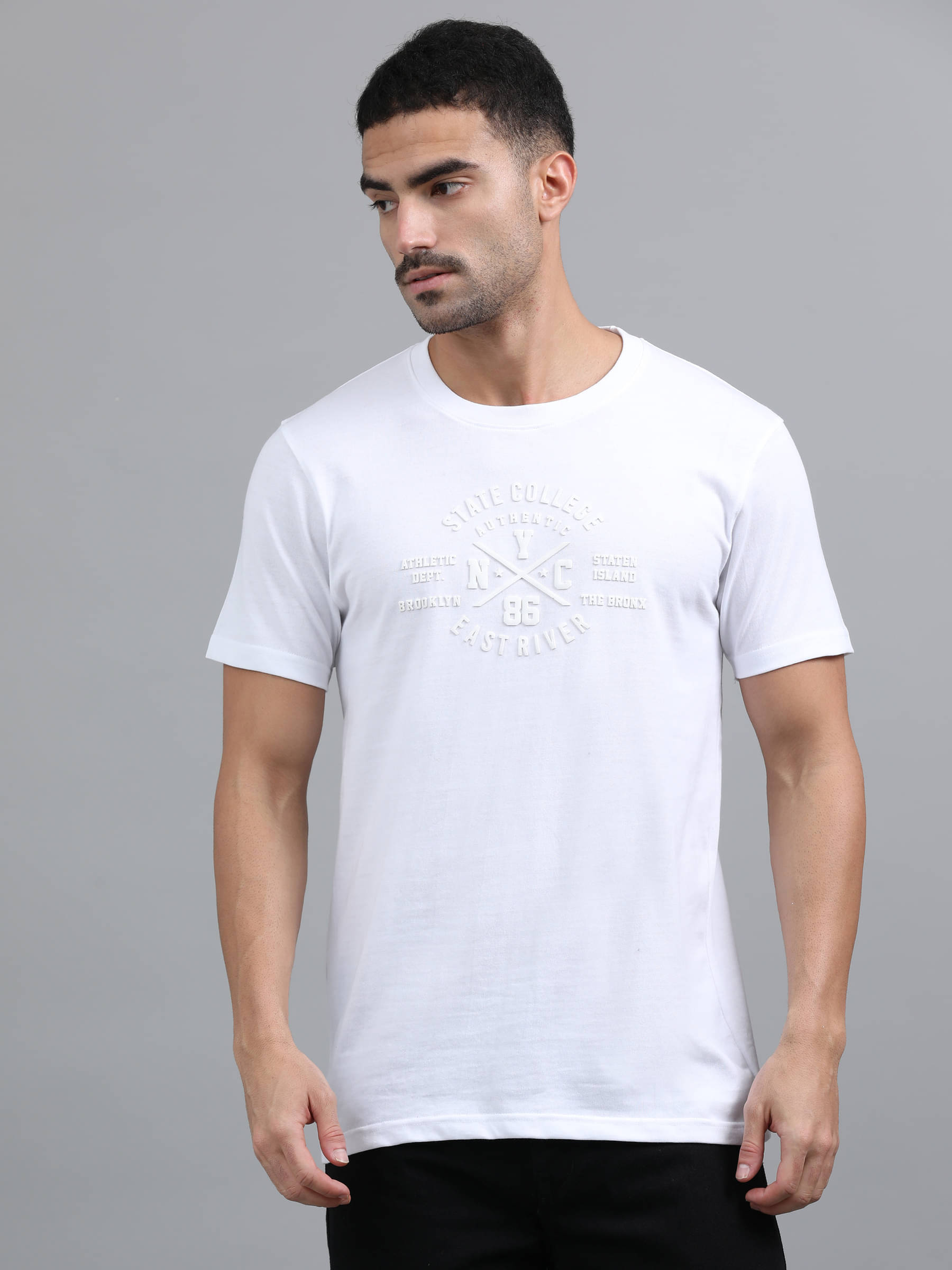 QCUT Men Cotton Blend Regular Fit Printed T-Shirt ( White ) QCUT Men Cotton Blend Regular Fit Printed T-Shirt ( White )