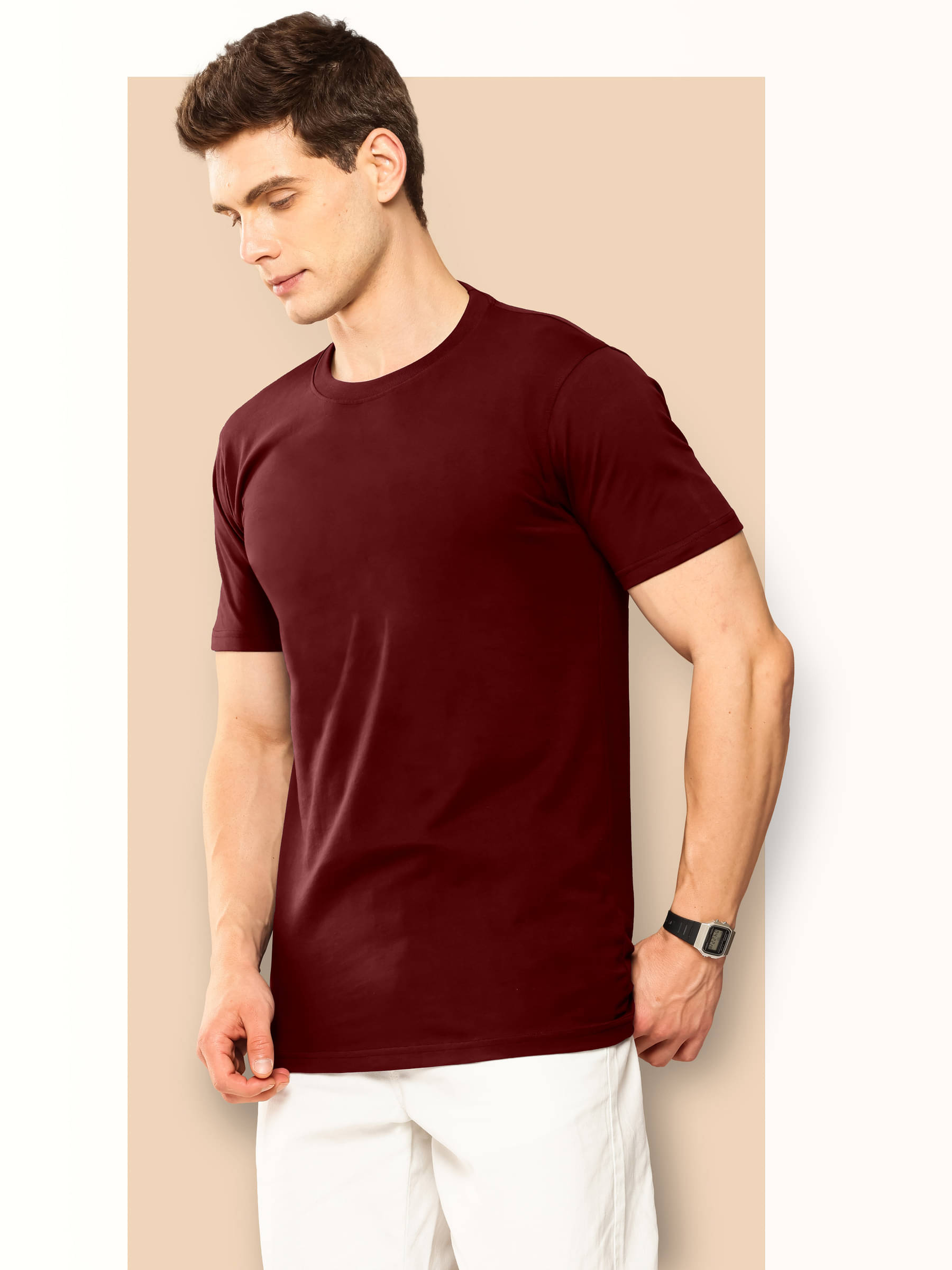 QCUT Men Cotton Blend Regular Fit Solid T-Shirt ( Maroon ) QCUT Men Cotton Blend Regular Fit Solid T-Shirt ( Maroon )