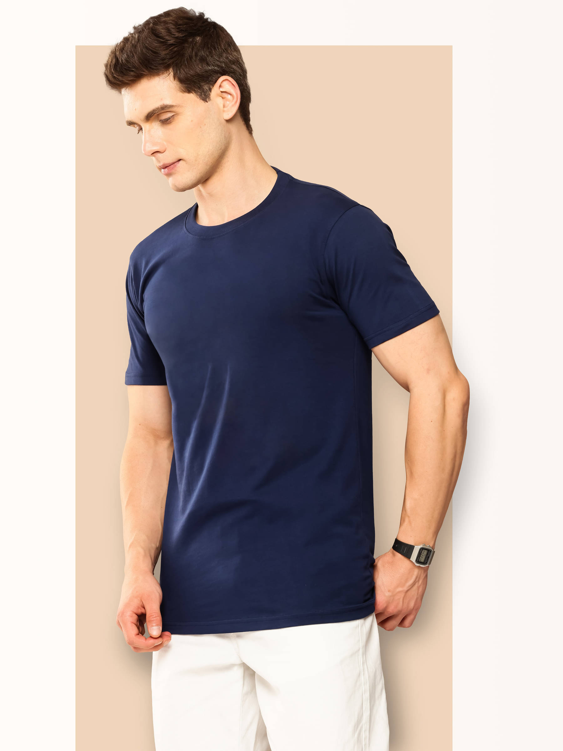     			QCUT Men Cotton Blend Regular Fit Solid T-Shirt ( Navy )