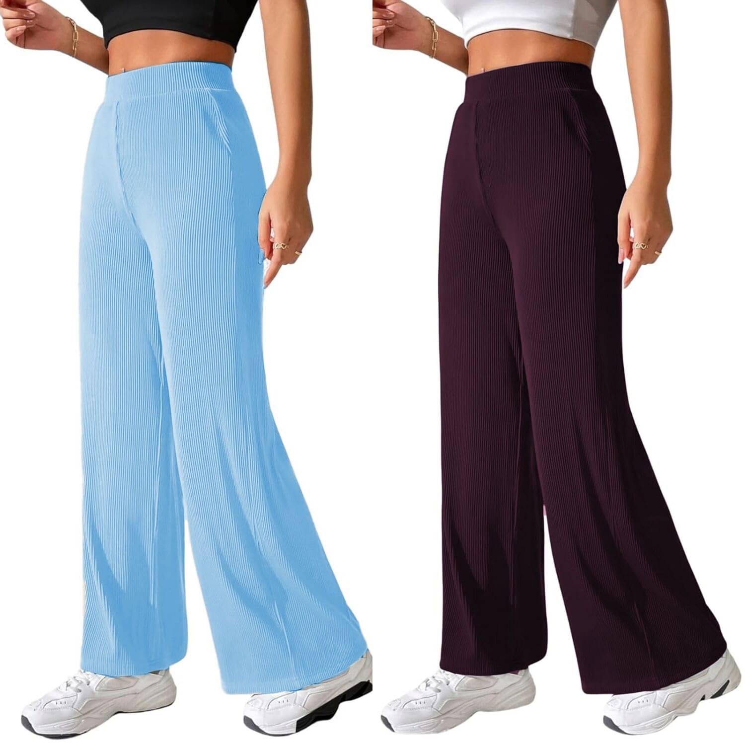     			Qyaas Pack of 2 Lycra Straight Women's Formal Pants ( Light Blue,Wine )