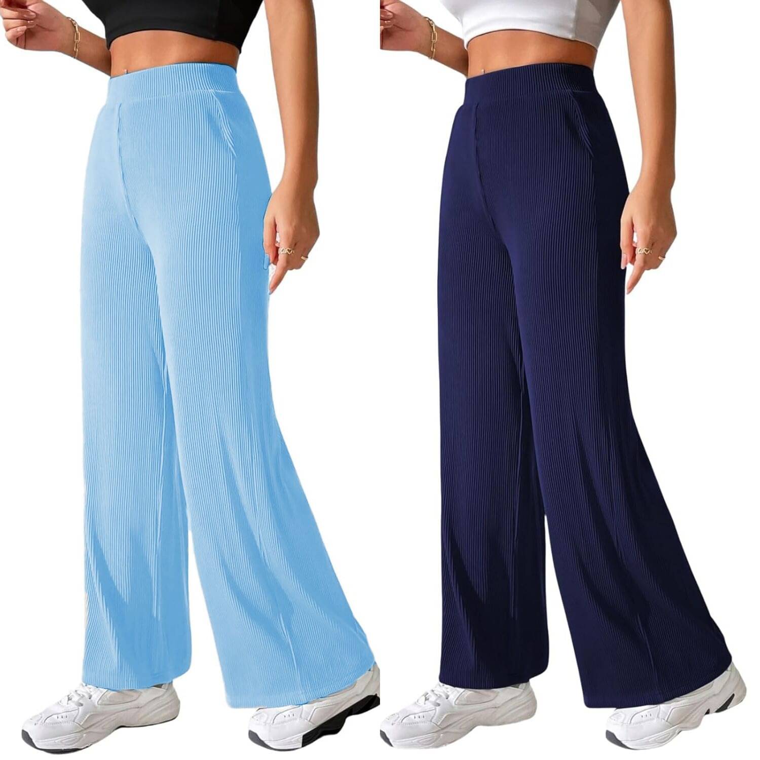     			Qyaas Pack of 2 Lycra Straight Women's Formal Pants ( Light Blue,Navy Blue )