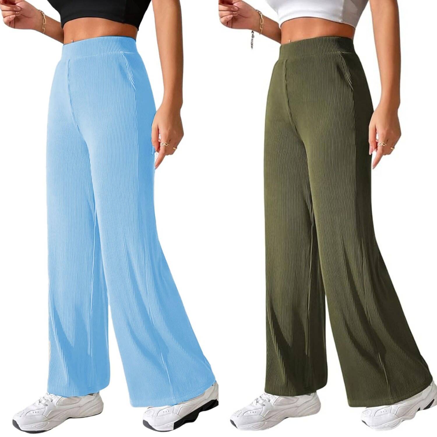     			Qyaas Pack of 2 Lycra Straight Women's Formal Pants ( Light Blue,Olive )