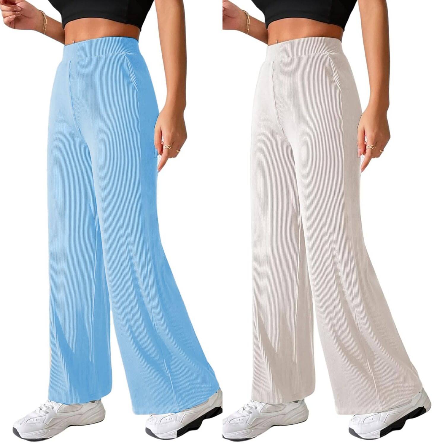     			Qyaas Pack of 2 Lycra Straight Women's Formal Pants ( Light Blue,White )
