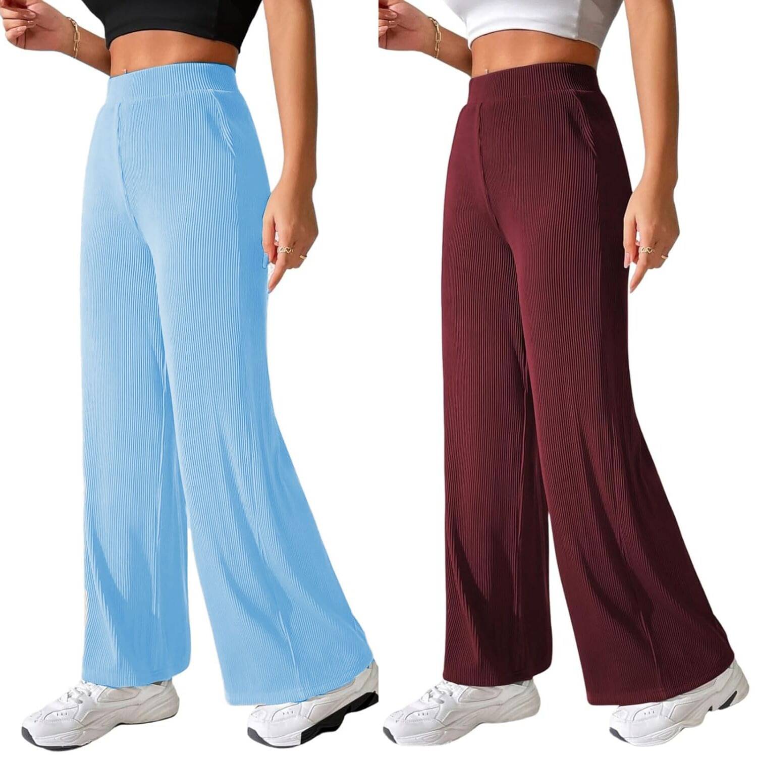     			Qyaas Pack of 2 Lycra Straight Women's Formal Pants ( Light Blue,Maroon )