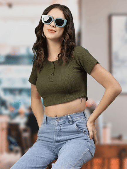 Rigo Women's Cotton Crop Top ( Olive )     			Rigo Women's Cotton Crop Top ( Olive )
